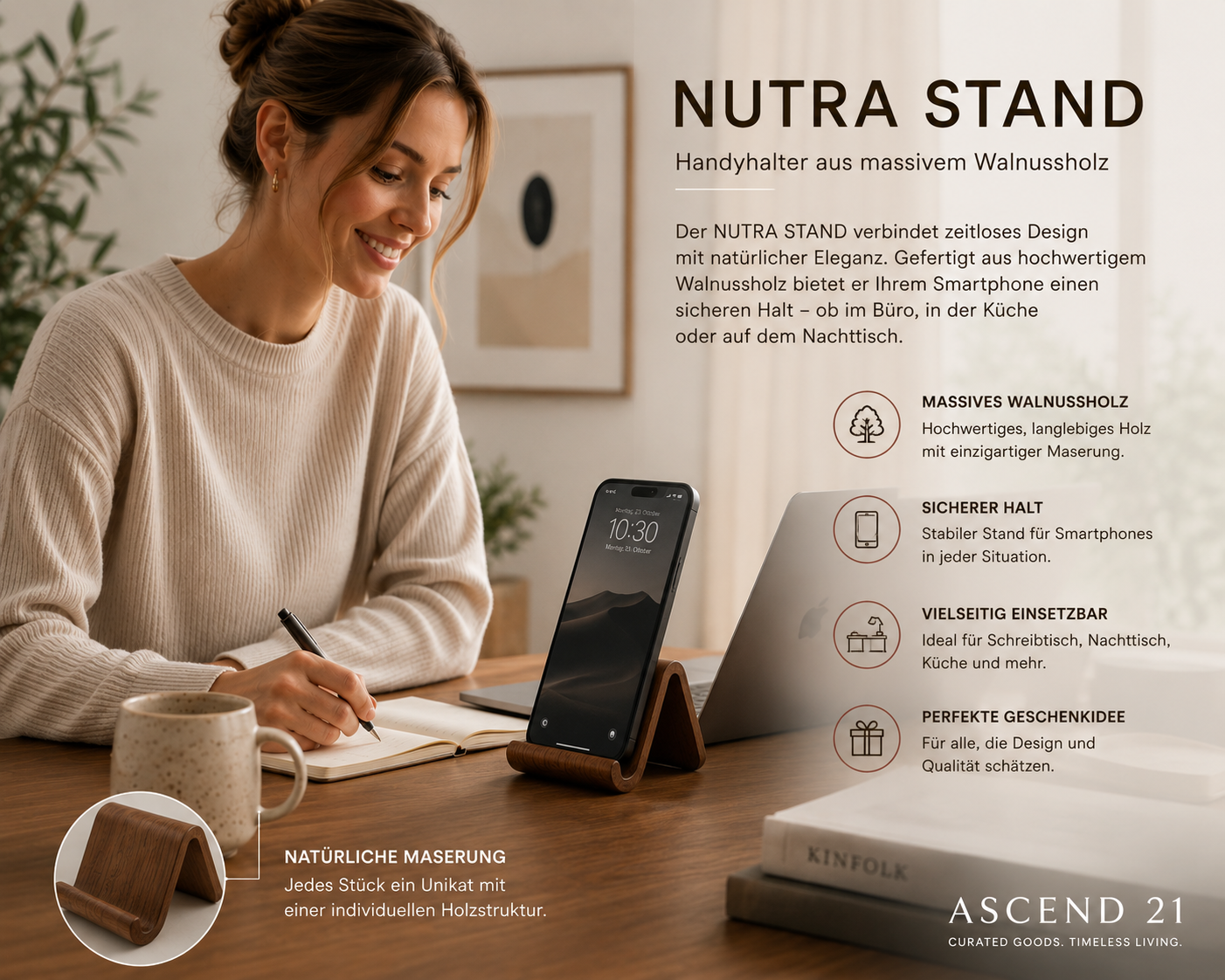 ASCEND 21 NUTRA STAND Handyhalter aus Walnussholz – Smartphone Ständer aus Massivholz – Holz Handyhalter für Schreibtisch, Nachttisch, Küche & Büro