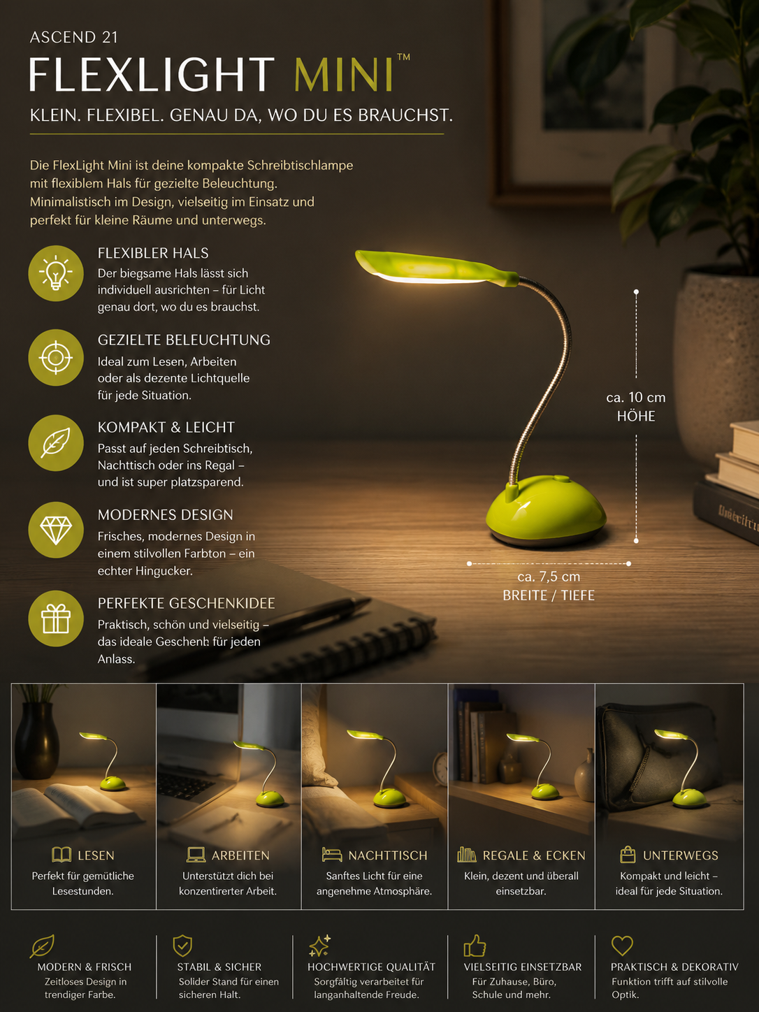ASCEND 21 FLEXLIGHT MINI™ Schreibtischlampe mit flexiblem Hals – Kompakte Leselampe für Schreibtisch, Nachttisch & Büro – Modernes Design für gezielte Beleuchtung