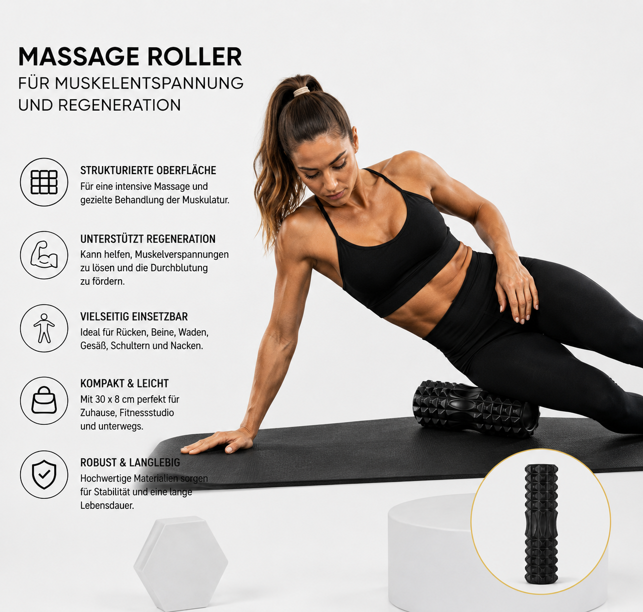 ASCEND 21 DEEPROLL™ Pro Faszienrolle 30 x 8 cm – Triggerpunkt Massage Roller für Muskelregeneration, Faszientraining und Tiefengewebe-Massage – Für Rücken, Beine, Waden, Schultern und Nacken
