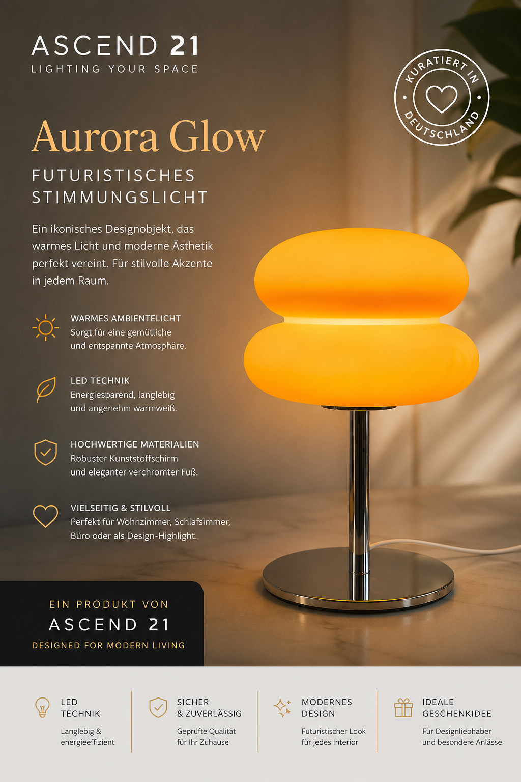 ASCEND 21 Aurora Glow – Futuristische Tischlampe mit orange-gelbem Kunststoffschirm, modernes Ambientelicht & Designleuchte für Wohnzimmer, Schlafzimmer und Büro
