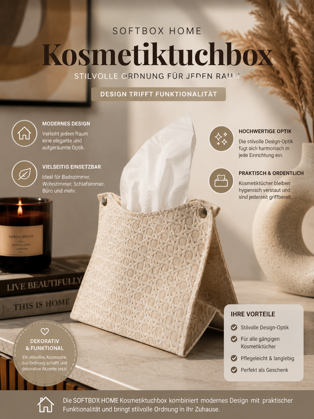 SOFTBOX HOME Kosmetiktuchbox – Moderne Tücherbox in Design-Optik | Stilvolle Tissue Box für Badezimmer, Wohnzimmer, Schlafzimmer und Büro