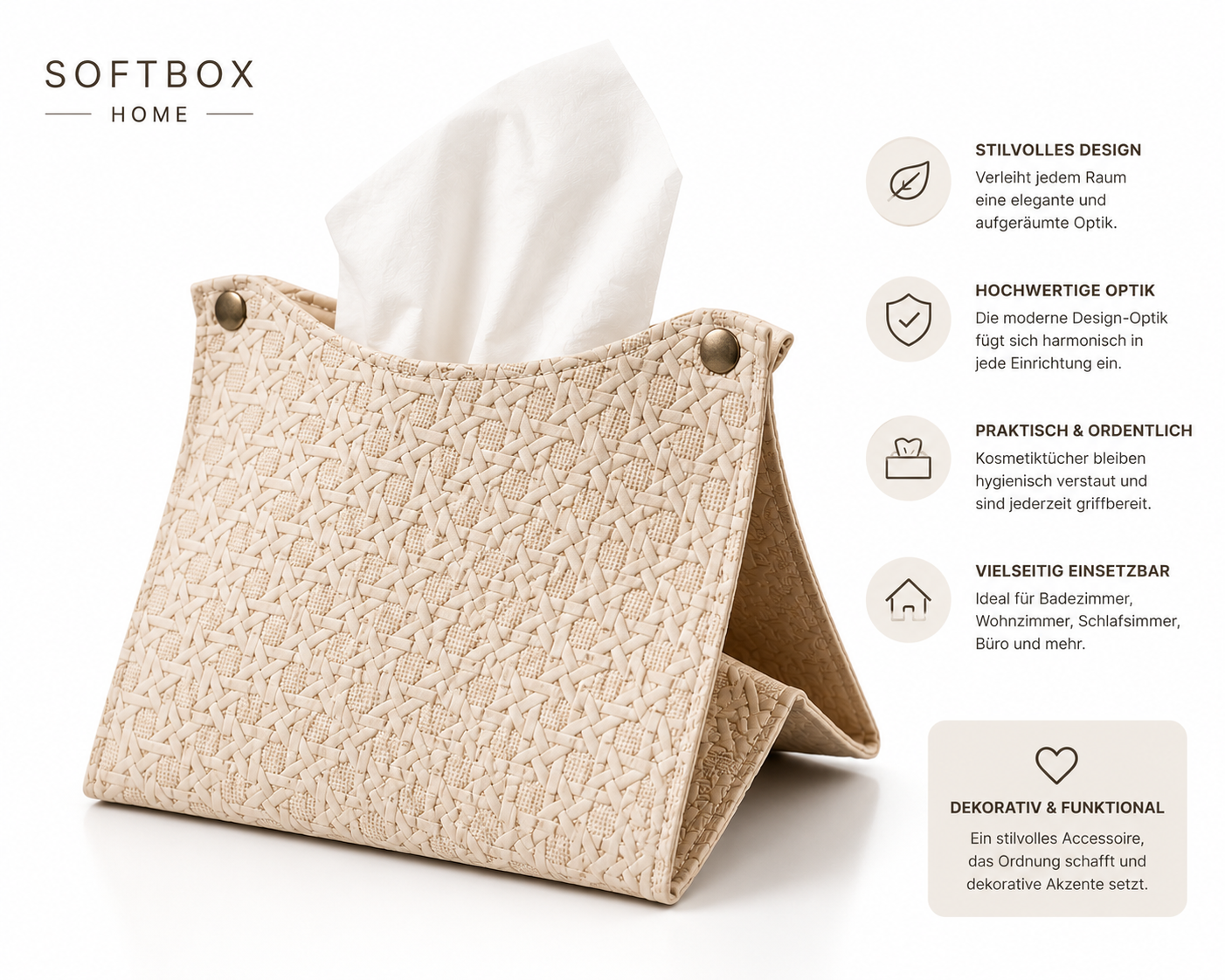 SOFTBOX HOME Kosmetiktuchbox – Moderne Tücherbox in Design-Optik | Stilvolle Tissue Box für Badezimmer, Wohnzimmer, Schlafzimmer und Büro