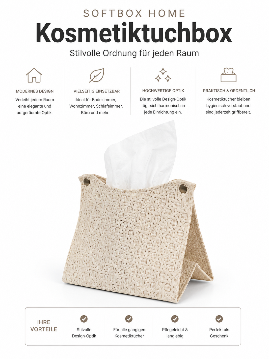 SOFTBOX HOME Kosmetiktuchbox – Moderne Tücherbox in Design-Optik | Stilvolle Tissue Box für Badezimmer, Wohnzimmer, Schlafzimmer und Büro