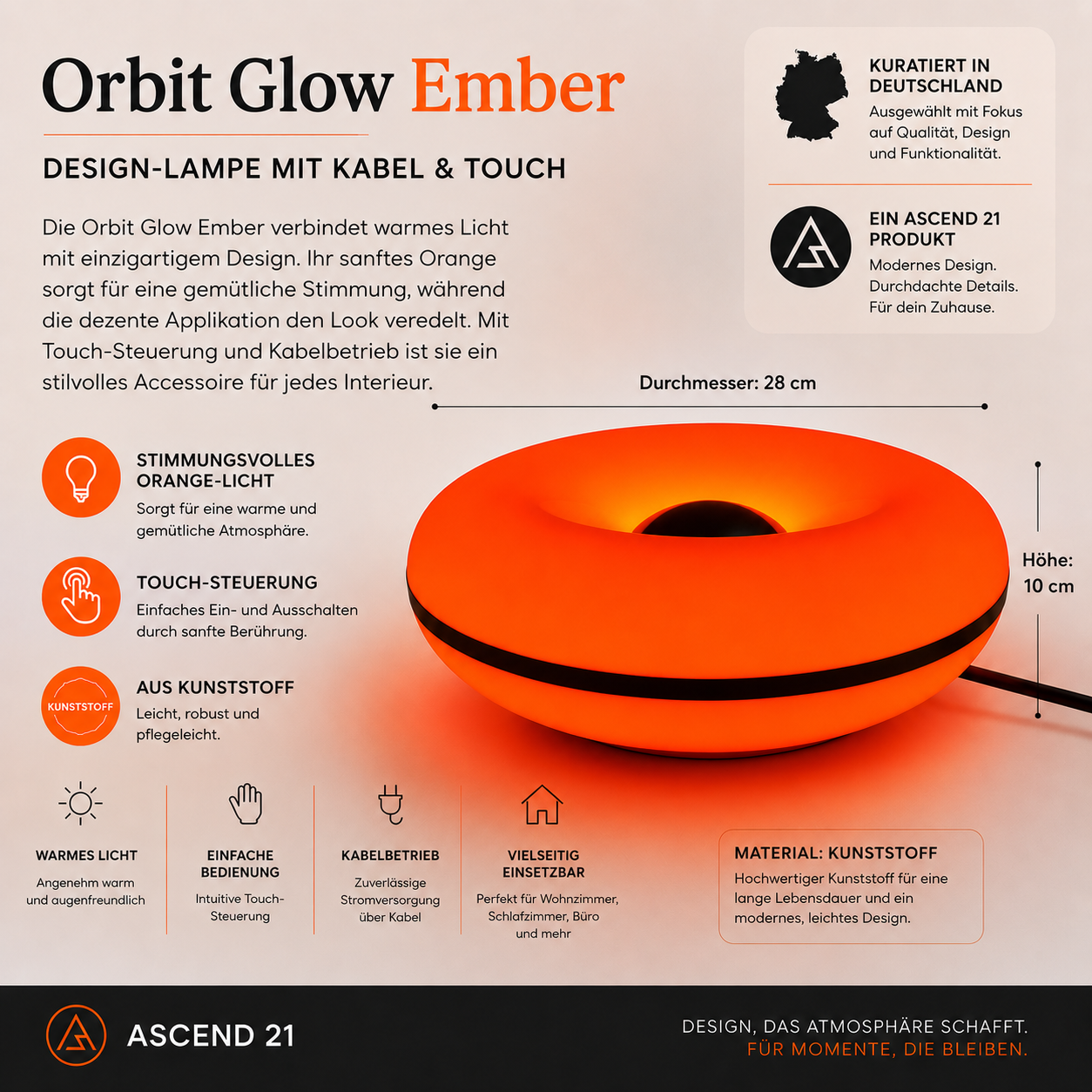 ASCEND 21 Orbit Glow Ember LED Tischlampe – Designlampe aus Kunststoff mit Touch-Steuerung & Kabel – Ø 28 cm x Höhe 10 cm – Warmes Ambientelicht für Wohnzimmer, Schlafzimmer, Büro & Home Office