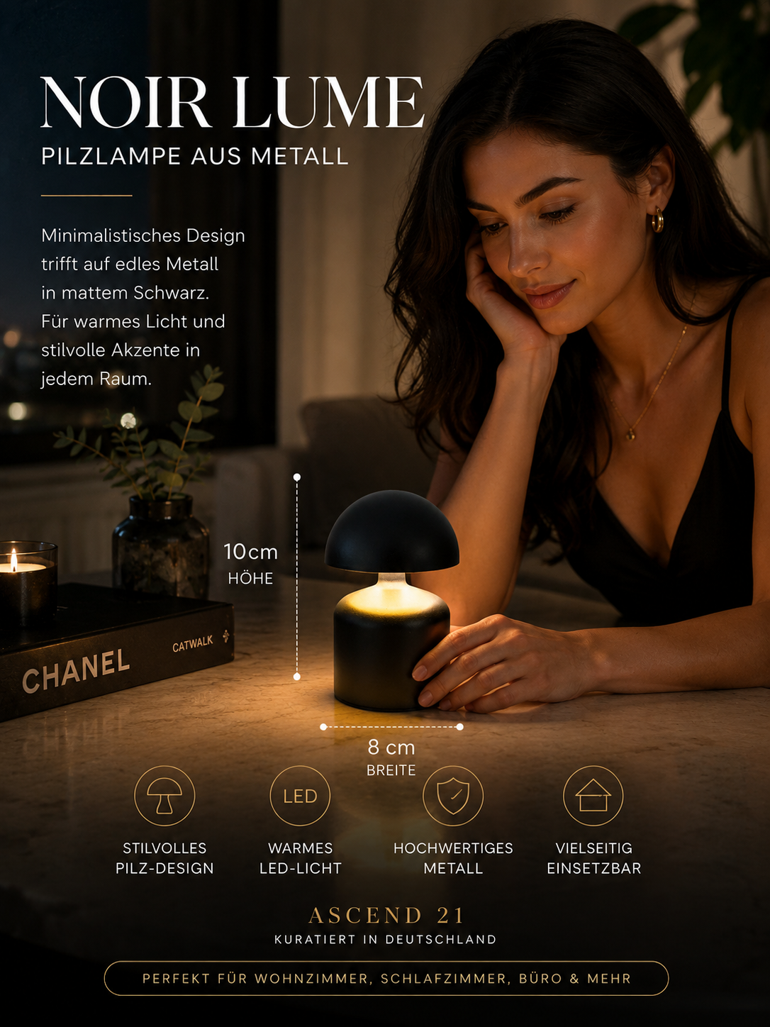 ASCEND 21 Noir Lume – Mobile Pilzlampe aus Metall, Mattschwarz, Modernes Design, Warmes LED-Licht, Dekorative Tischlampe für Wohnzimmer, Schlafzimmer, Büro & Café