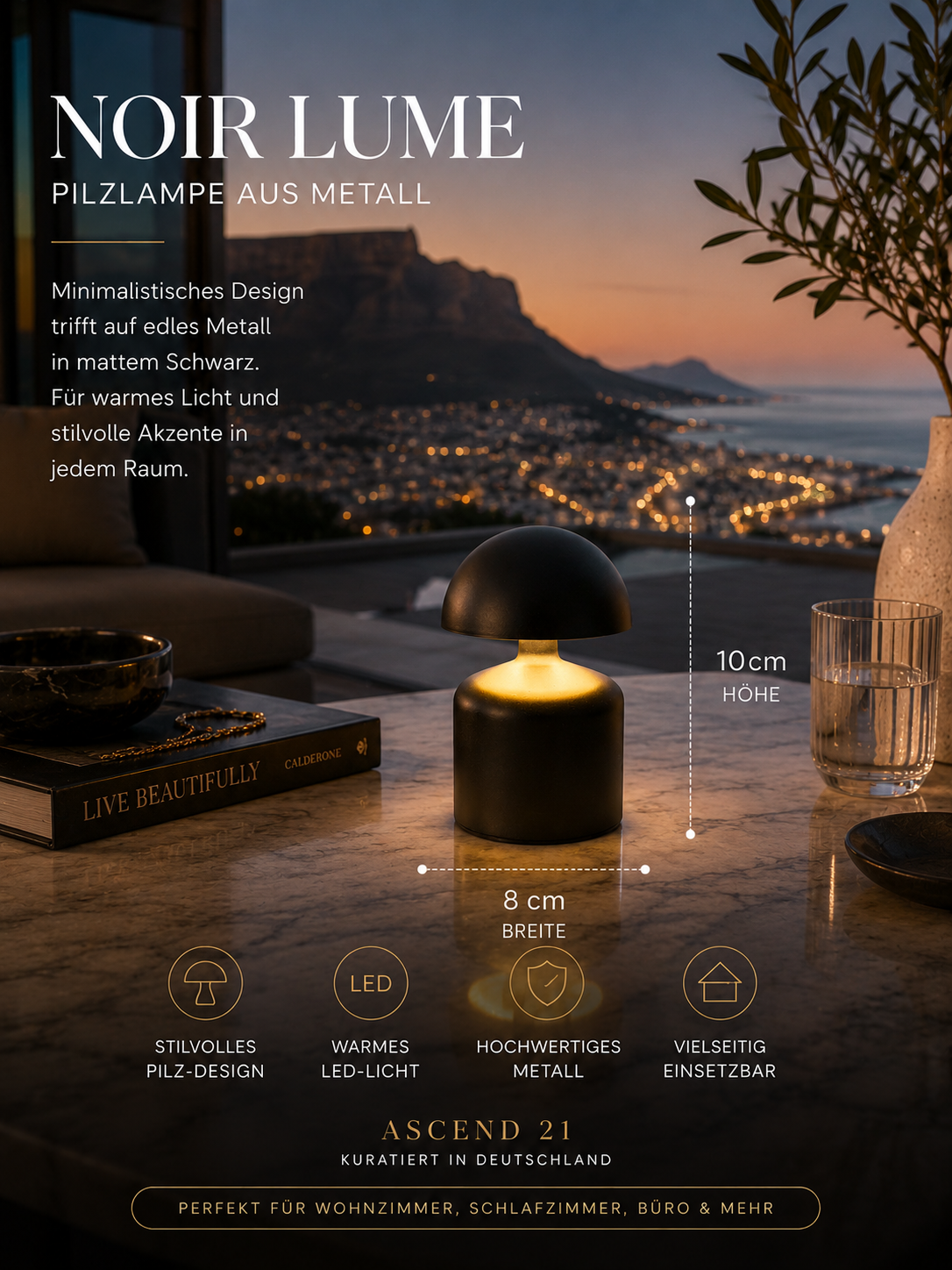 ASCEND 21 Noir Lume – Mobile Pilzlampe aus Metall, Mattschwarz, Modernes Design, Warmes LED-Licht, Dekorative Tischlampe für Wohnzimmer, Schlafzimmer, Büro & Café