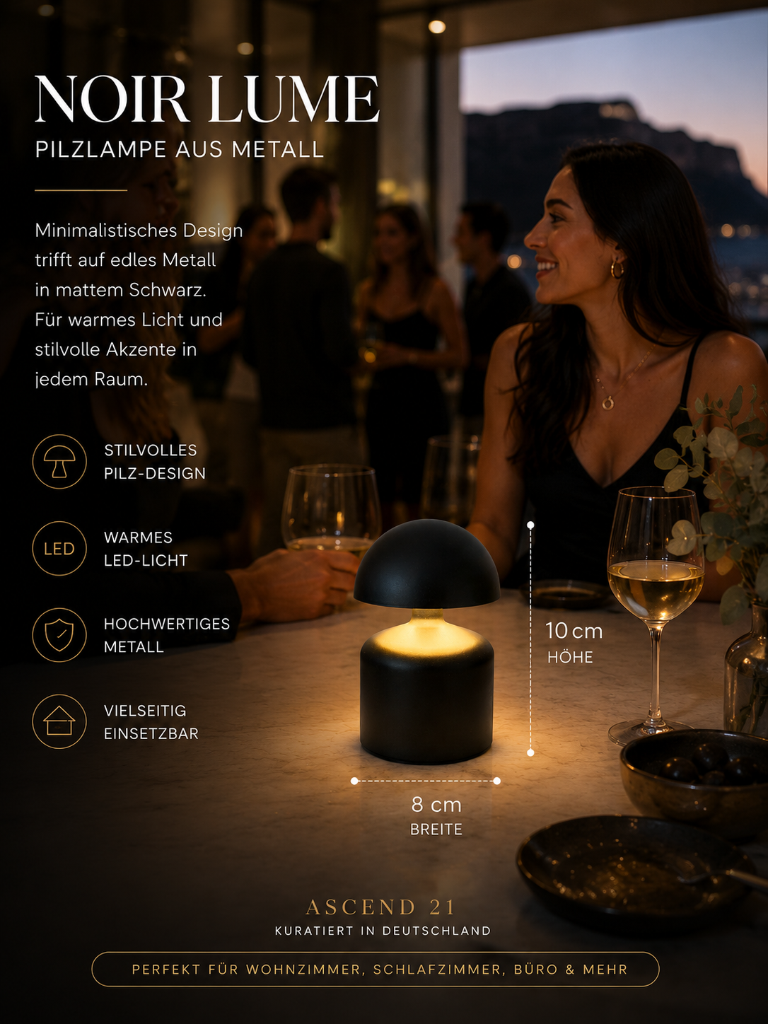 ASCEND 21 Noir Lume – Mobile Pilzlampe aus Metall, Mattschwarz, Modernes Design, Warmes LED-Licht, Dekorative Tischlampe für Wohnzimmer, Schlafzimmer, Büro & Café