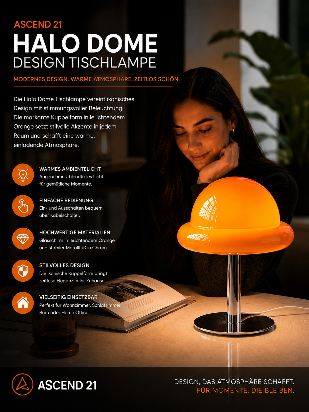 ASCEND 21 Halo Dome LED Tischlampe – Moderne Designlampe aus Glas und Metall – Orange Tischleuchte mit Kabel – Stilvolle Ambientebeleuchtung für Wohnzimmer, Schlafzimmer, Büro & Home Office