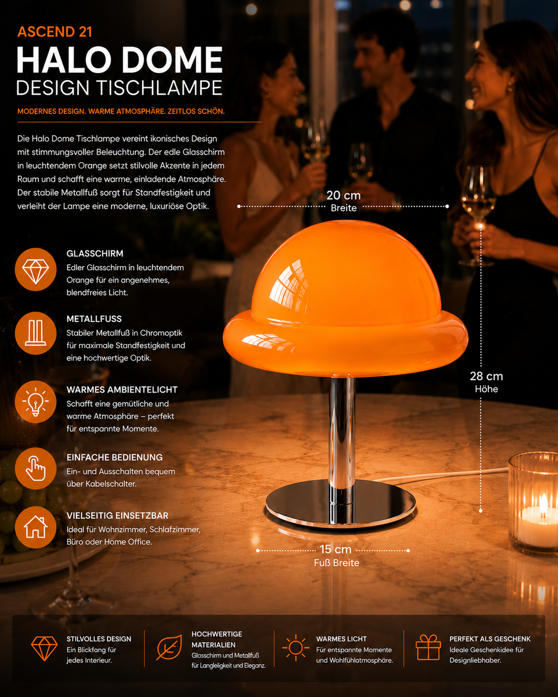 ASCEND 21 Halo Dome LED Tischlampe – Moderne Designlampe aus Glas und Metall – Orange Tischleuchte mit Kabel – Stilvolle Ambientebeleuchtung für Wohnzimmer, Schlafzimmer, Büro & Home Office