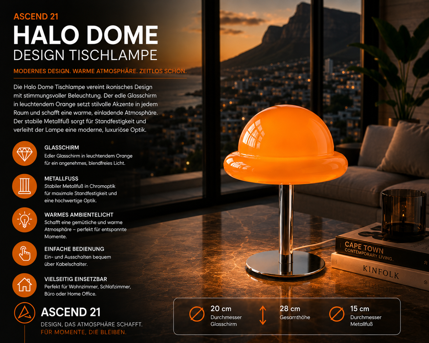 ASCEND 21 Halo Dome LED Tischlampe – Moderne Designlampe aus Glas und Metall – Orange Tischleuchte mit Kabel – Stilvolle Ambientebeleuchtung für Wohnzimmer, Schlafzimmer, Büro & Home Office
