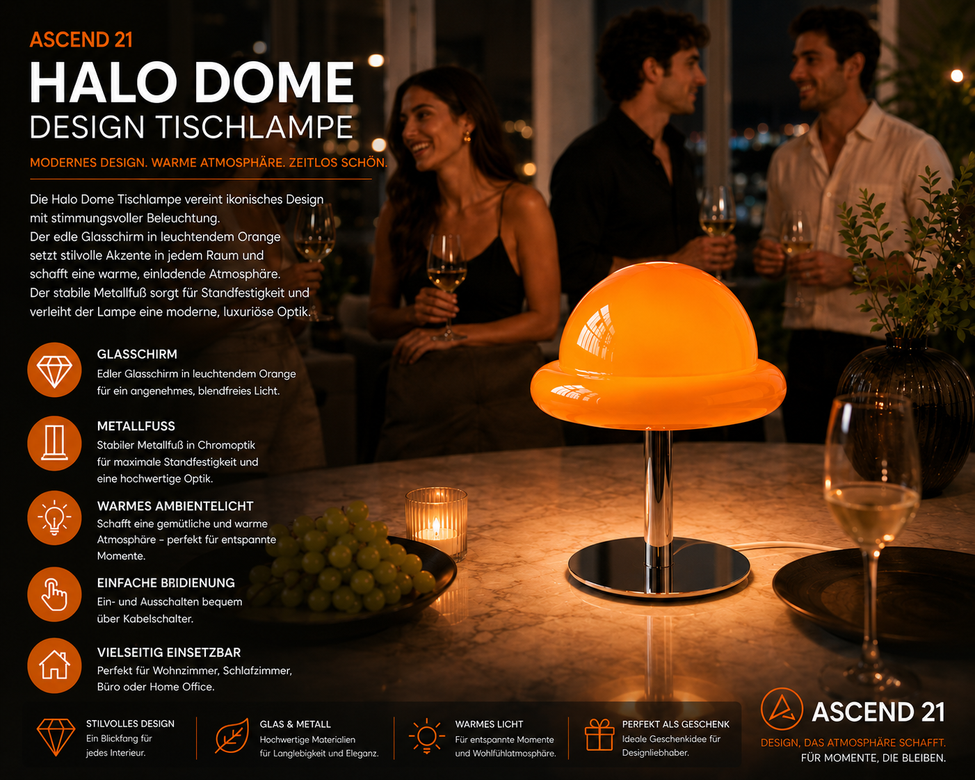 ASCEND 21 Halo Dome LED Tischlampe – Moderne Designlampe aus Glas und Metall – Orange Tischleuchte mit Kabel – Stilvolle Ambientebeleuchtung für Wohnzimmer, Schlafzimmer, Büro & Home Office