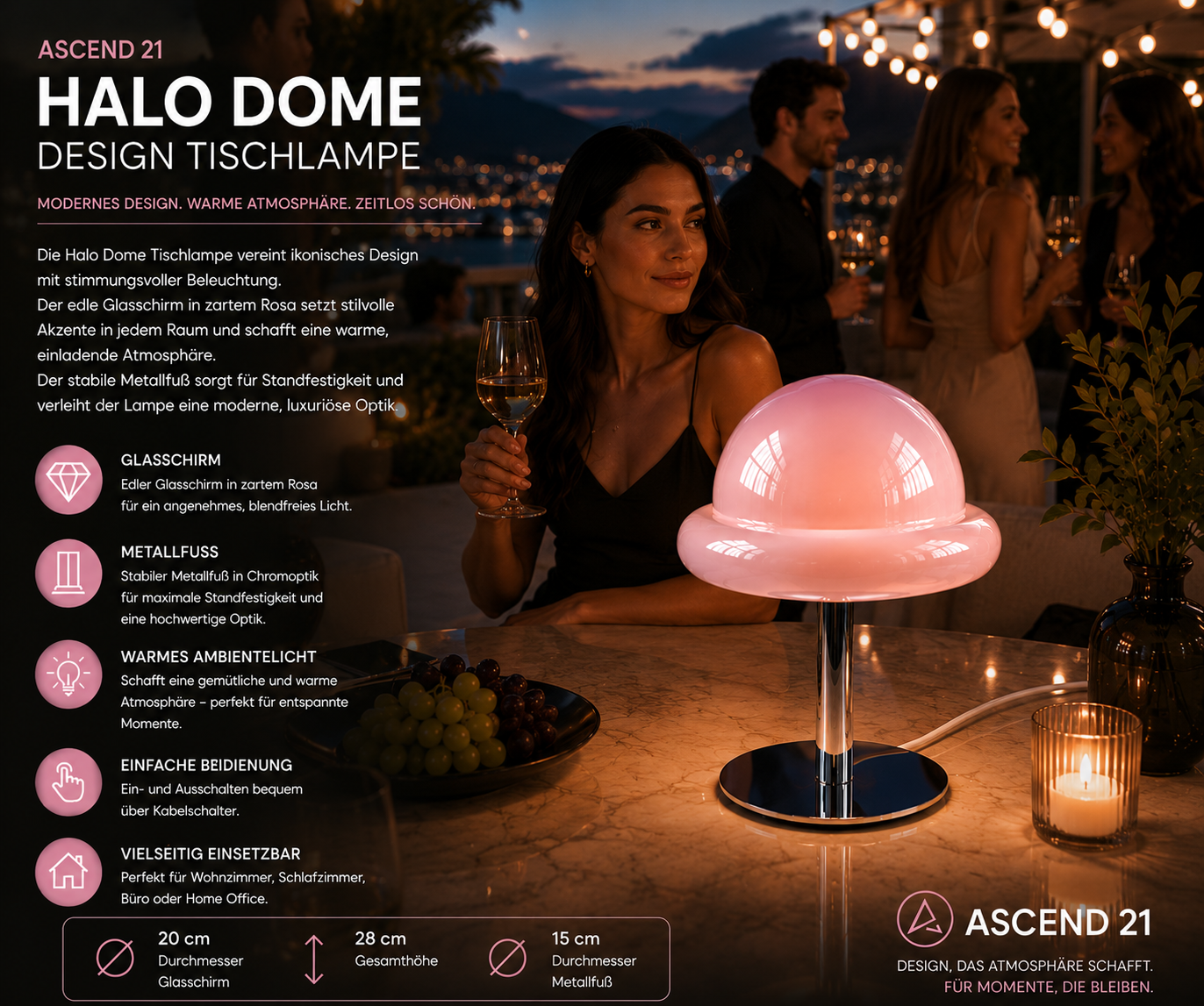 ASCEND 21 Halo Dome LED Tischlampe Rosa – Moderne Designlampe aus Glas und Metall – Rosa Tischleuchte mit Kabel – 20 cm Durchmesser, 28 cm Höhe – Ambientelicht für Schlafzimmer, Wohnzimmer, Büro & Home Office