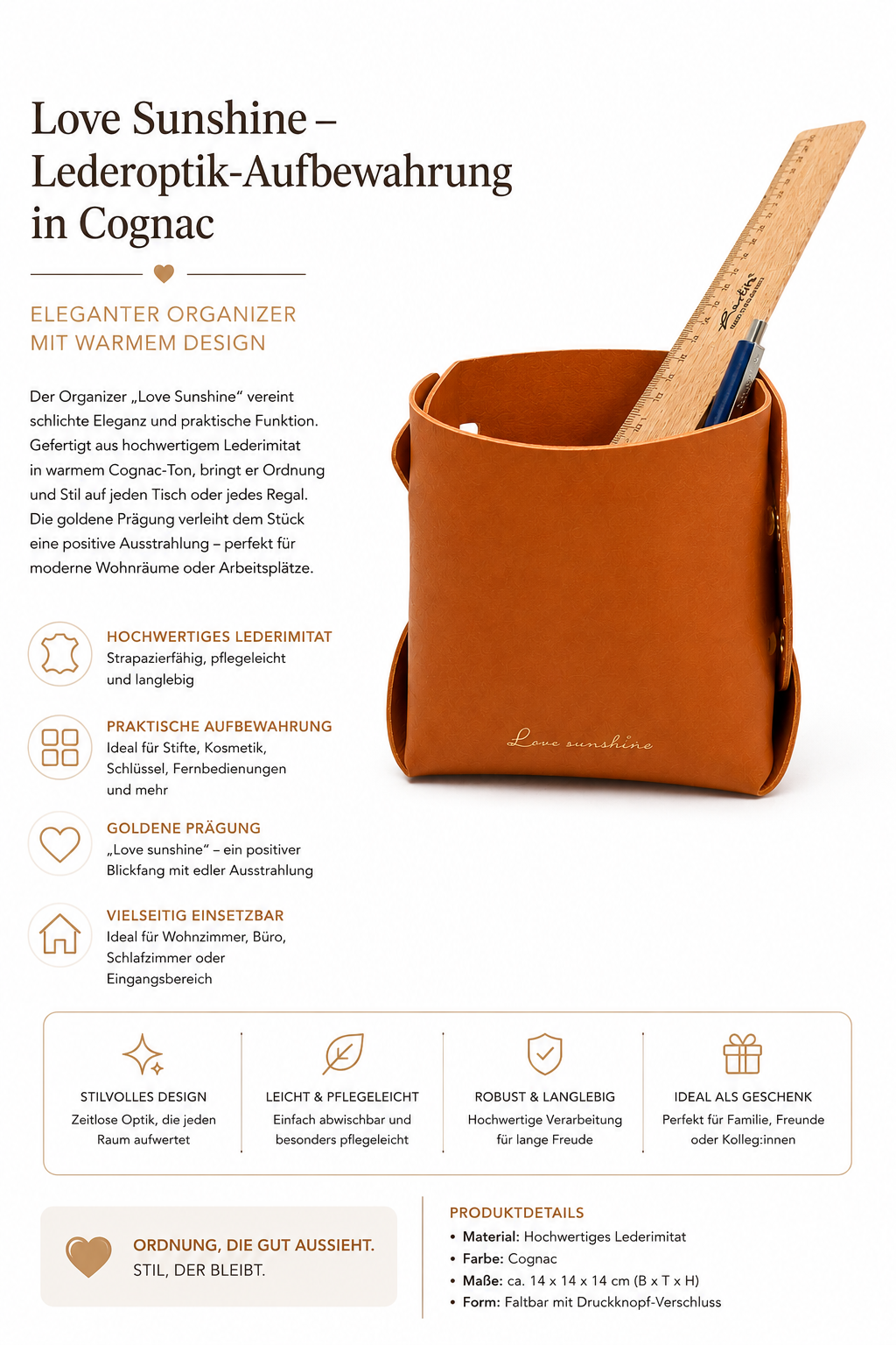 Love Sunshine Lederoptik Organizer in Cognac – Dekorativer Schreibtisch-Organizer & Aufbewahrungskorb aus Kunstleder für Büro, Wohnzimmer, Schlüssel, Stifte und Accessoires