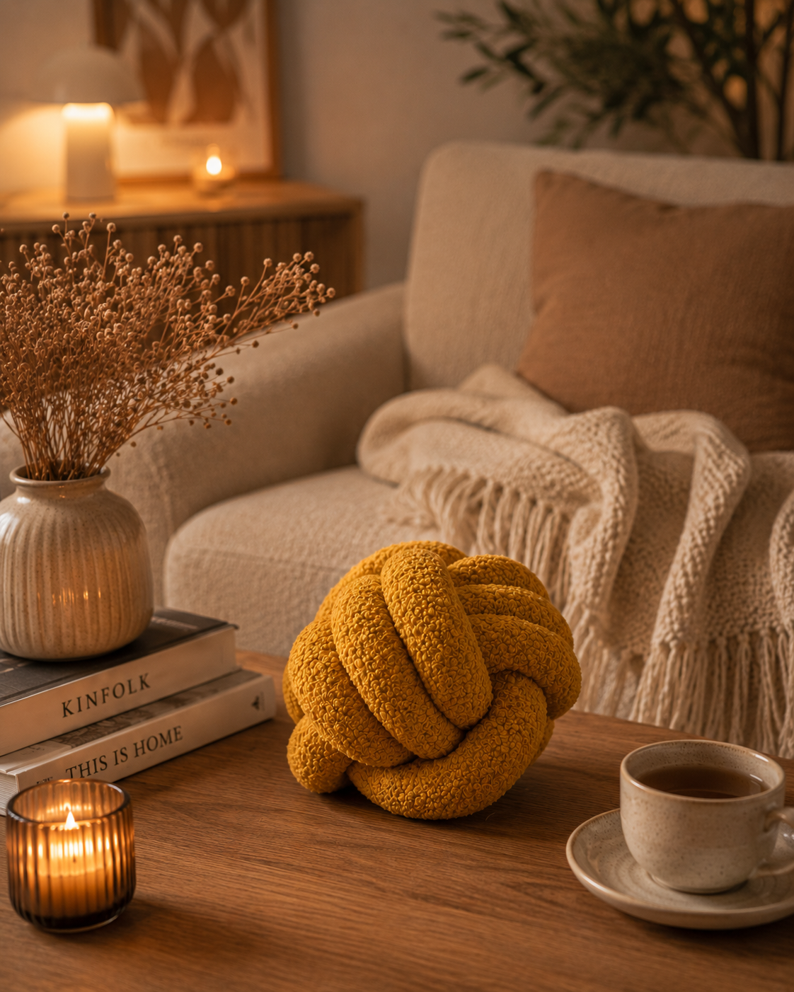ASCEND 21 Knotenkissen Curry – Dekokissen in modernem Design, weiches Sofakissen, Zierkissen für Sofa, Bett & Wohnzimmer Deko, Curryfarbenes Wohnaccessoire