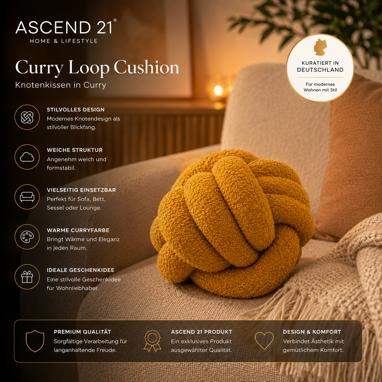 ASCEND 21 Knotenkissen Curry – Dekokissen in modernem Design, weiches Sofakissen, Zierkissen für Sofa, Bett & Wohnzimmer Deko, Curryfarbenes Wohnaccessoire