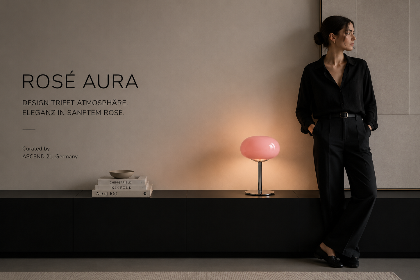 ASCEND 21 Rosé Aura – Moderne Design-Tischlampe aus Metall & Glasoptik – Rosa Pilzlampe Ø 20 cm – 28 cm Höhe – Elegante Deko-Leuchte für Wohnzimmer, Schlafzimmer & Sideboard