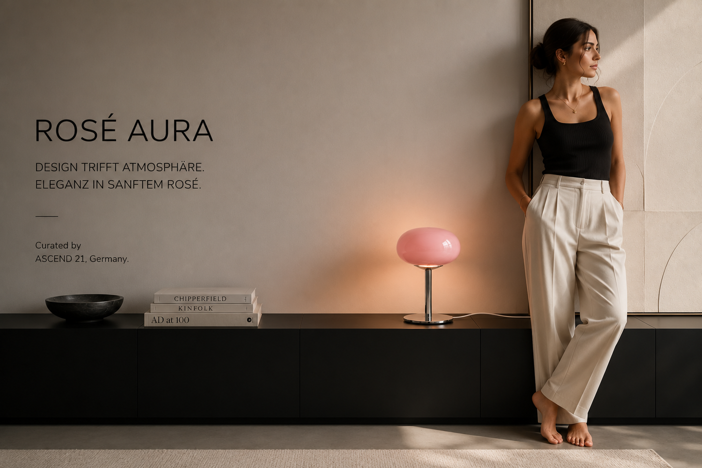 ASCEND 21 Rosé Aura – Moderne Design-Tischlampe aus Metall & Glasoptik – Rosa Pilzlampe Ø 20 cm – 28 cm Höhe – Elegante Deko-Leuchte für Wohnzimmer, Schlafzimmer & Sideboard
