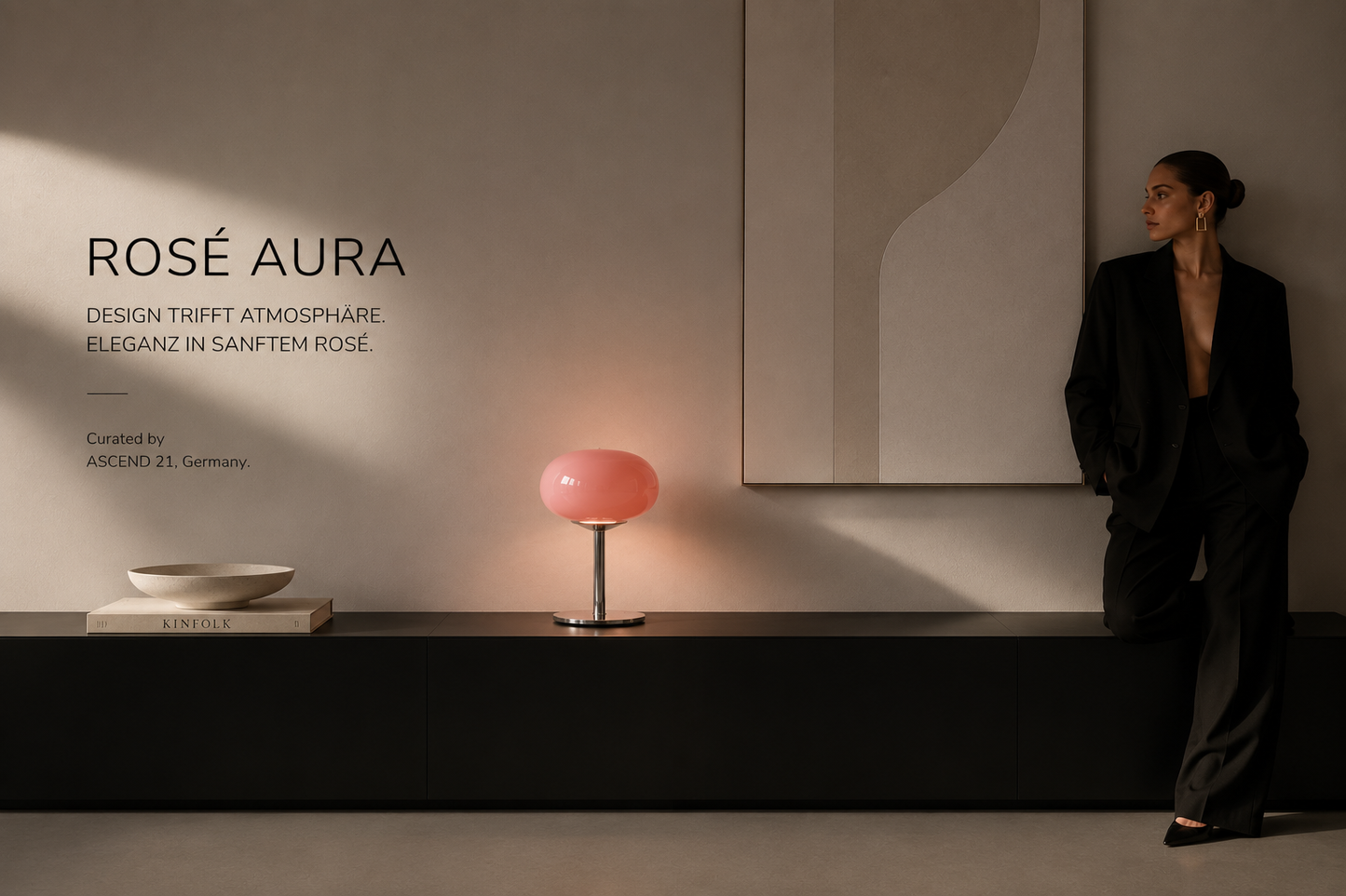 ASCEND 21 Rosé Aura – Moderne Design-Tischlampe aus Metall & Glasoptik – Rosa Pilzlampe Ø 20 cm – 28 cm Höhe – Elegante Deko-Leuchte für Wohnzimmer, Schlafzimmer & Sideboard