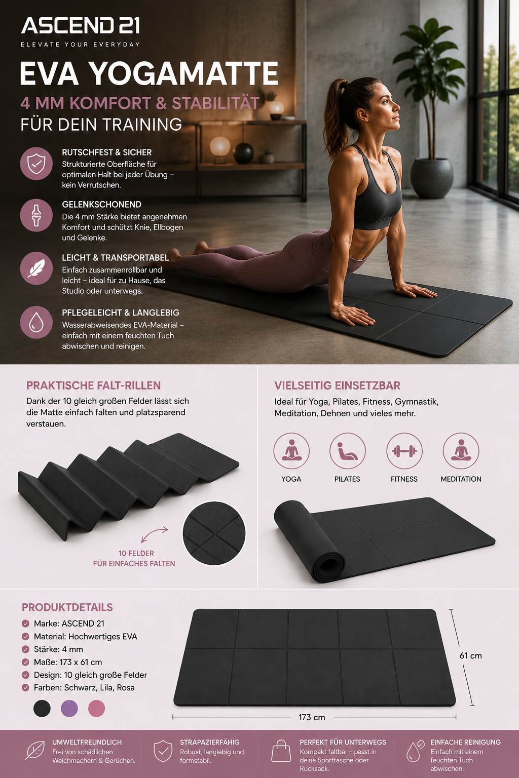 ASCEND 21 Yogamatte EVA 4 mm – Rutschfeste Fitnessmatte für Yoga, Pilates & Gymnastik – Trainingsmatte Schwarz 173 x 61 cm – Leicht, Pflegeleicht & Gelenkschonend