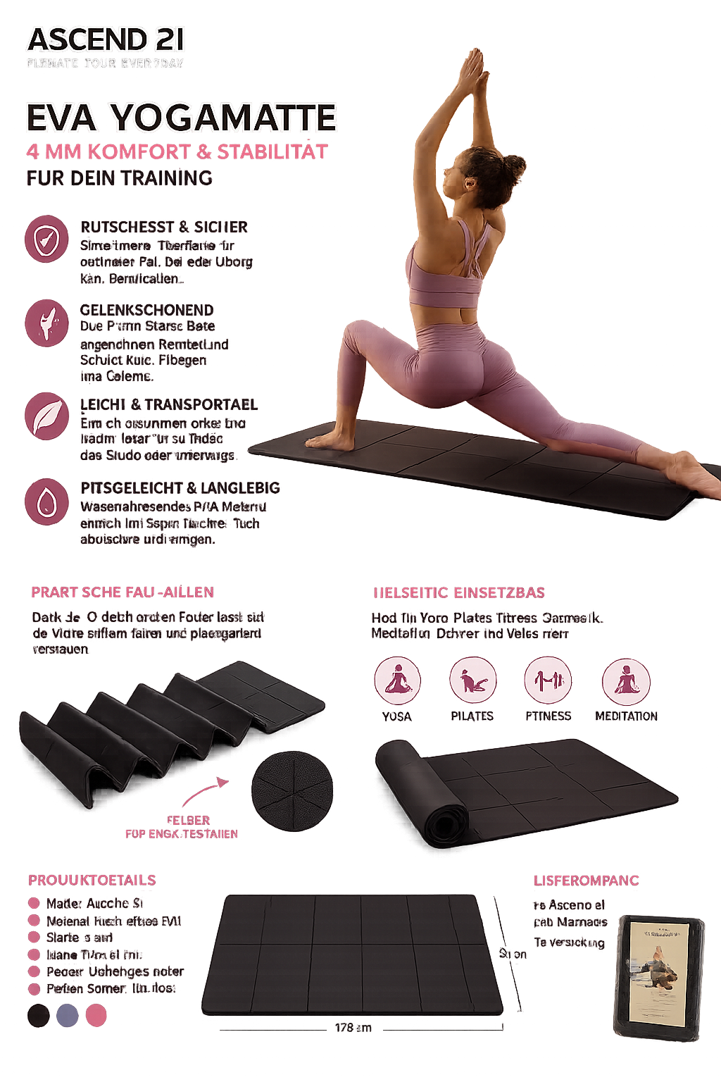 ASCEND 21 Yogamatte EVA 4 mm – Rutschfeste Fitnessmatte für Yoga, Pilates & Gymnastik – Trainingsmatte Schwarz 173 x 61 cm – Leicht, Pflegeleicht & Gelenkschonend