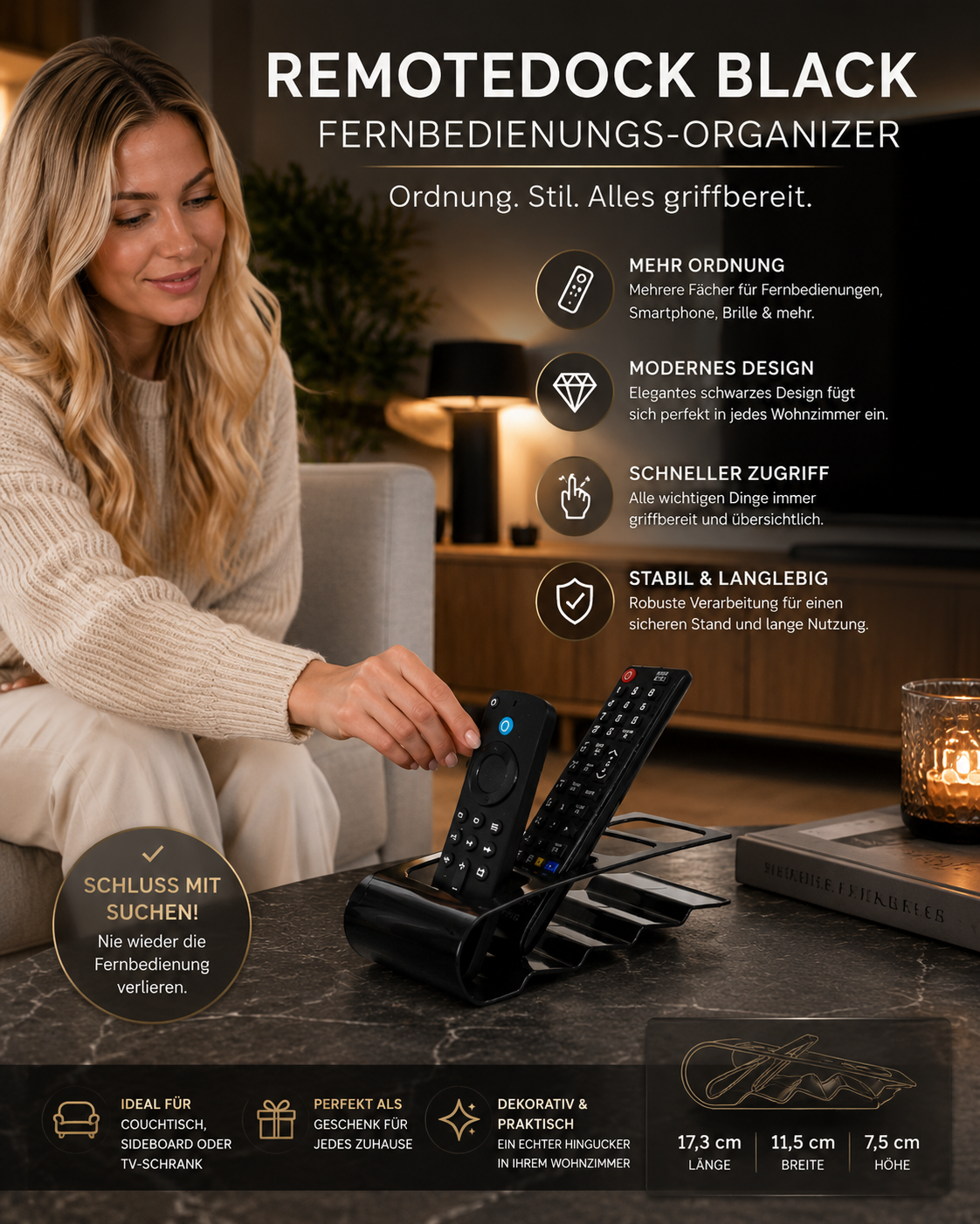 ASCEND 21 RemoteDock Black – Fernbedienungs-Organizer aus Kunstleder – Moderner Tisch-Organizer mit mehreren Fächern für Fernbedienungen, Smartphone & Zubehör – Schwarz