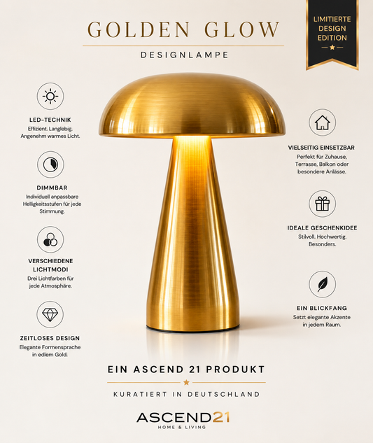 ASCEND 21 Golden Glow Designlampe – Moderne LED Tischlampe im dänischen Design | Dimmbares Stimmungslicht mit verschiedenen Lichtmodi