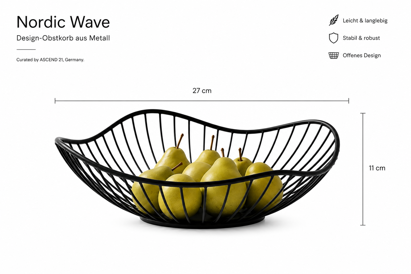 ASCEND 21 Nordic Wave – Design Obstkorb aus Metall – Dekorativer Brotkorb & Obstschale – Moderne Drahtschale in Mattschwarz – Minimalistische Dekoschale für Küche, Esstisch & Wohnzimmer – 37 cm
