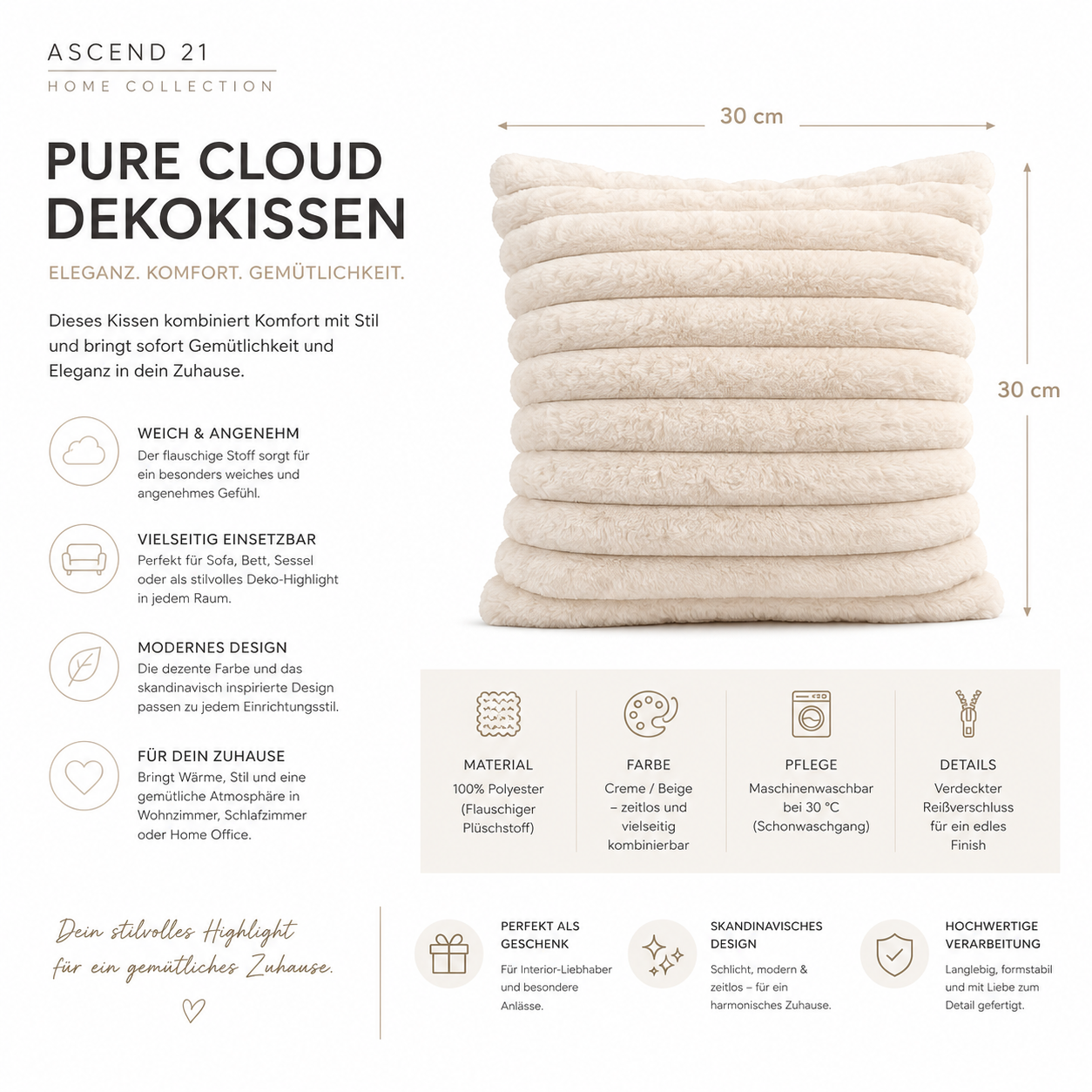 ASCEND 21 Pure Cloud Dekokissen – Weiches Sofakissen im skandinavischen Design – Modernes Zierkissen für Sofa, Bett & Sessel – Elegantes Wohnkissen für Wohnzimmer und Schlafzimmer