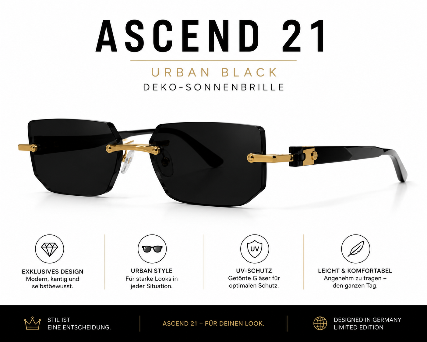 ASCEND 21 Urban Black Deko-Sonnenbrille – Schwarze Gläser im modernen minimalistischen Design – Stylische Dekobrille für Fotografie, Schaufenster, Requisiten & kreative Raumgestaltung