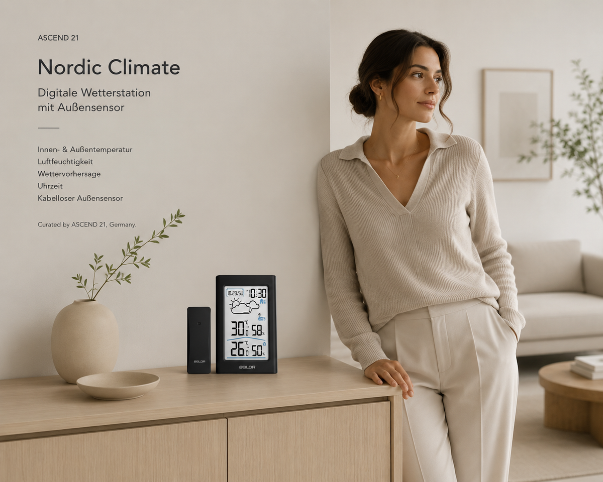 ASCEND 21 Nordic Climate Digitale Wetterstation mit Außensensor – Funkwetterstation mit Thermometer; Hygrometer – Innen- und Außentemperatur, Luftfeuchtigkeit, Uhrzeit; Wetteranzeige – Schwarz