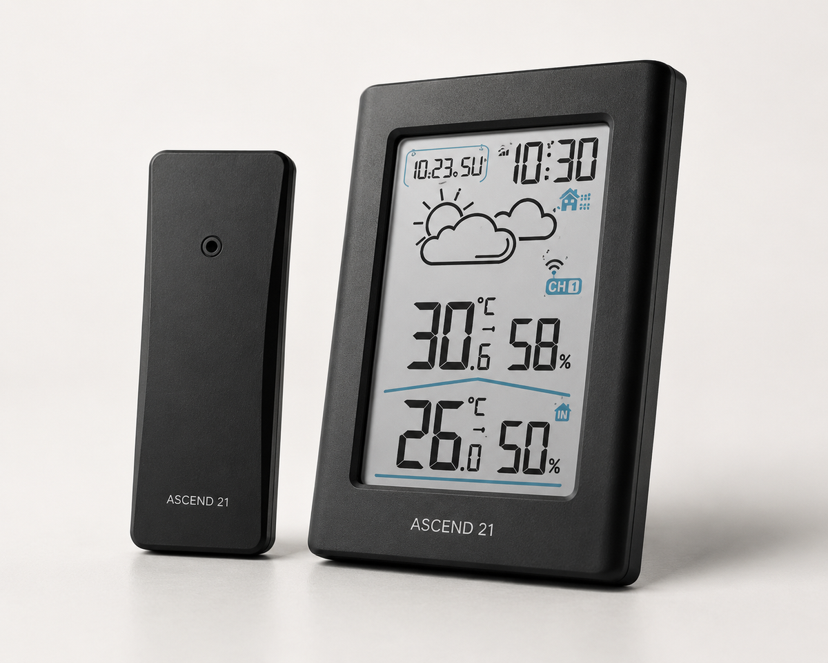 ASCEND 21 Nordic Climate Digitale Wetterstation mit Außensensor – Funkwetterstation mit Thermometer; Hygrometer – Innen- und Außentemperatur, Luftfeuchtigkeit, Uhrzeit; Wetteranzeige – Schwarz