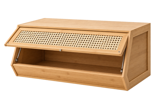 ASCEND 21 Nordic Cane Aufbewahrungsbox – Holzoptik mit geflochtener Front – 70 × 30 × 31 cm – Dekorativer Organizer für Wohnzimmer, Schlafzimmer & Büro