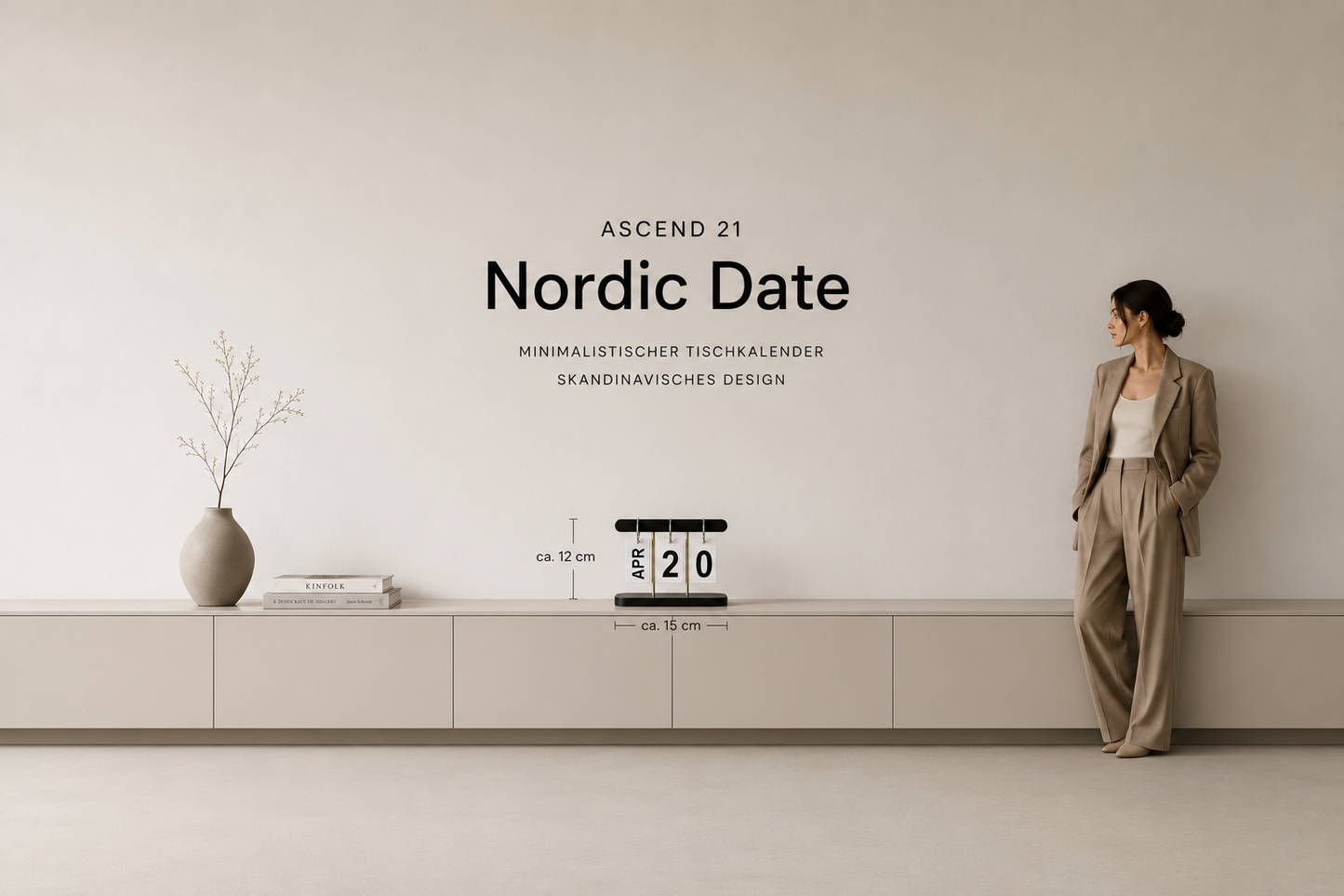 ASCEND 21 Nordic Date – Minimalistischer Tischkalender im skandinavischen Design – Ewiger Kalender aus Holz – Manueller Datumskalender für Schreibtisch, Wohnzimmer, Büro & Home Office – Schwarz