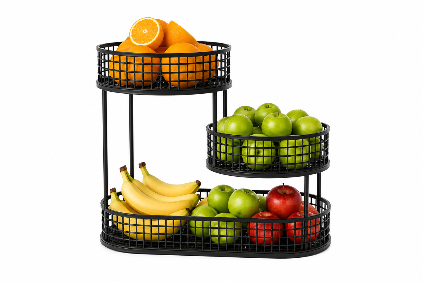 ASCEND 21 Nordic Tower – 3-stufiger Obstkorb aus Metall – Moderner Obstständer mit 3 Körben – Platzsparende Obstschale für Küche, Esstisch & Kücheninsel – Minimalistisches Design in Mattschwarz