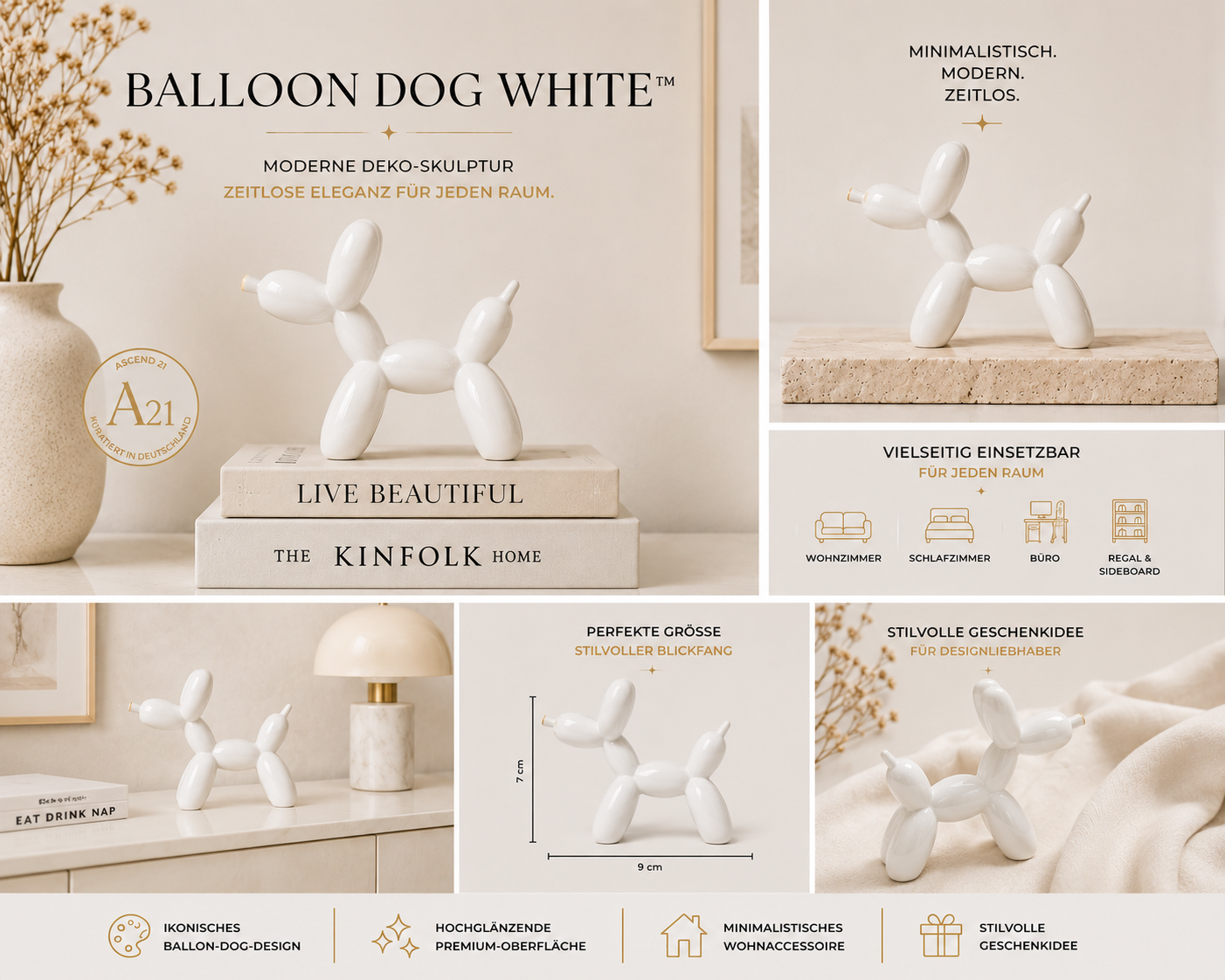 Balloon Dog White™ – Moderne Deko Skulptur in Weiß, Hochglänzende Designer Figur für Wohnzimmer, Regal, Sideboard & Schreibtisch, Minimalistische Wohnraumdekoration
