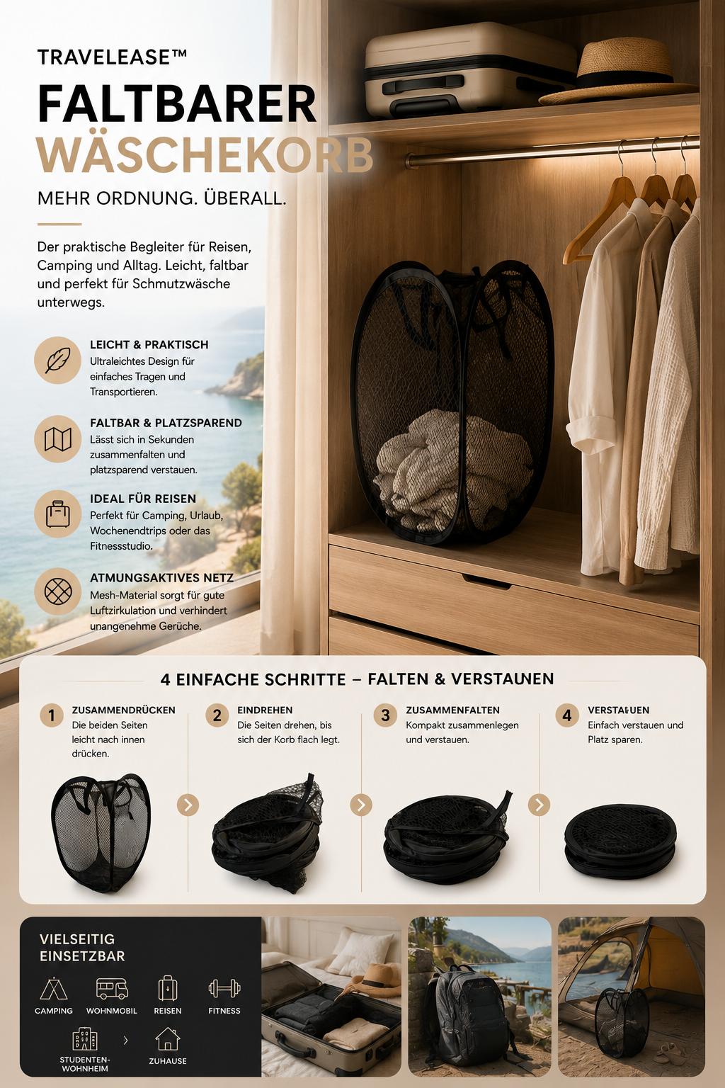 ASCEND 21 TravelEase™ Faltbarer Wäschekorb – Platzsparender Reise Wäschekorb - Leichter Organizer für Schmutzwäsche - Zusammenklappbarer Wäschesammler für Camping, Urlaub, Wohnmobil & Zuhause