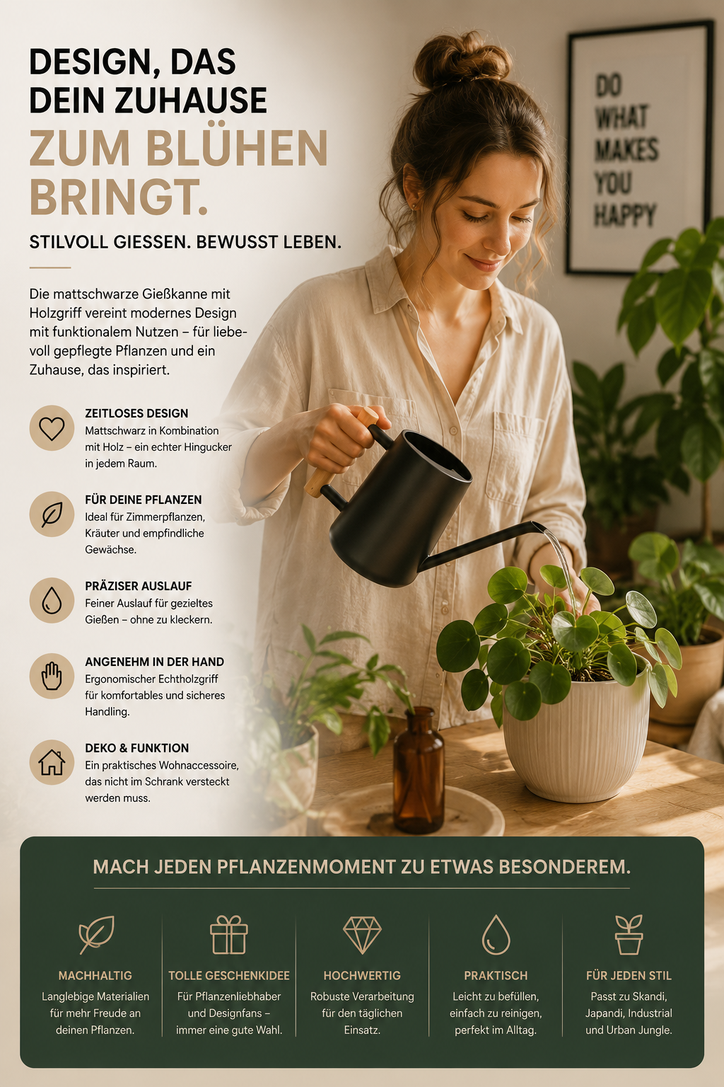 ASCEND 21 NoirFlow™ Design Gießkanne – Mattschwarze Metall Gießkanne mit Echtholzgriff | Elegantes Pflanzen Zubehör für Zimmerpflanzen | Skandi, Japandi & Urban Jungle Wohnaccessoire