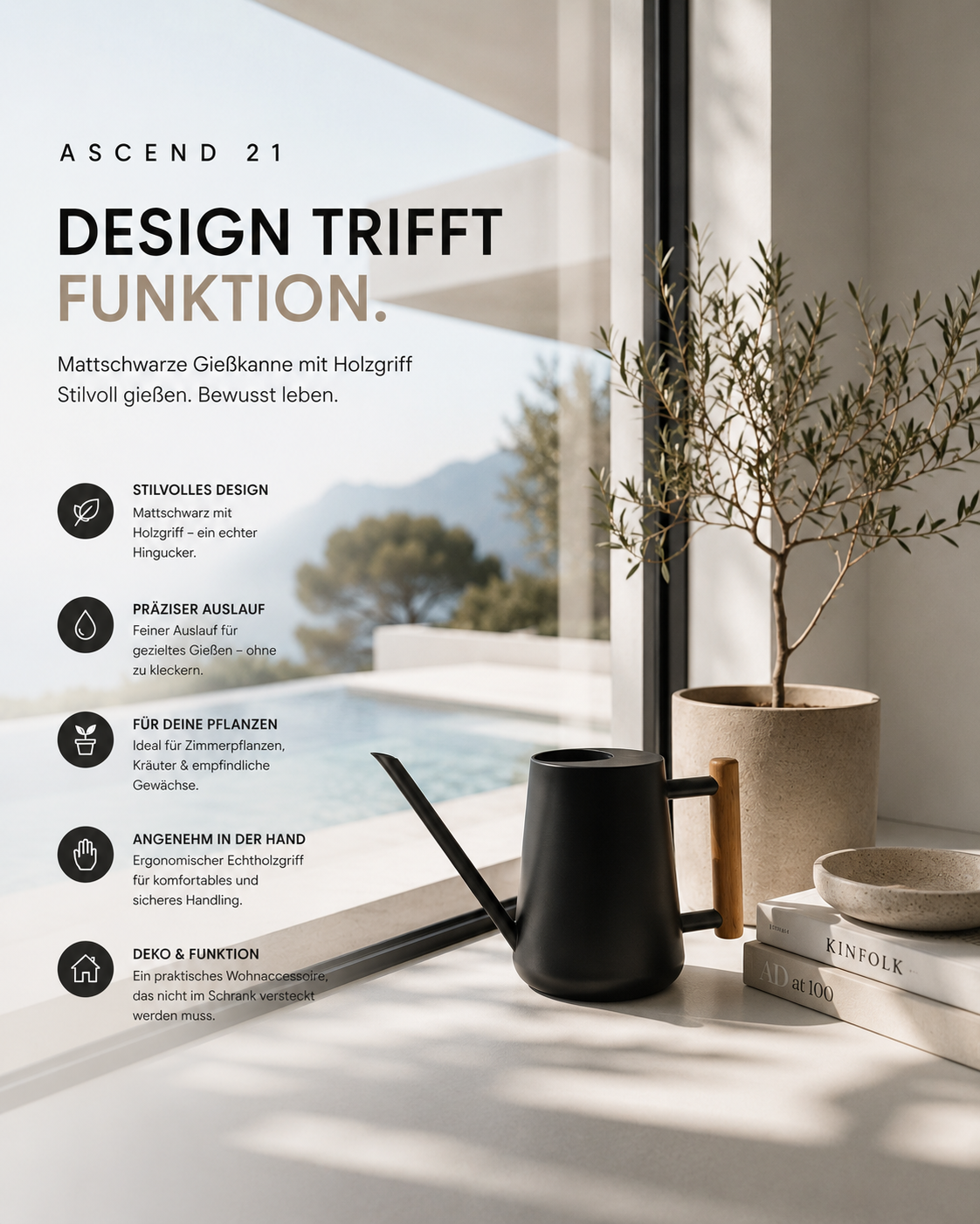 ASCEND 21 NoirFlow™ Design Gießkanne – Mattschwarze Metall Gießkanne mit Echtholzgriff | Elegantes Pflanzen Zubehör für Zimmerpflanzen | Skandi, Japandi & Urban Jungle Wohnaccessoire