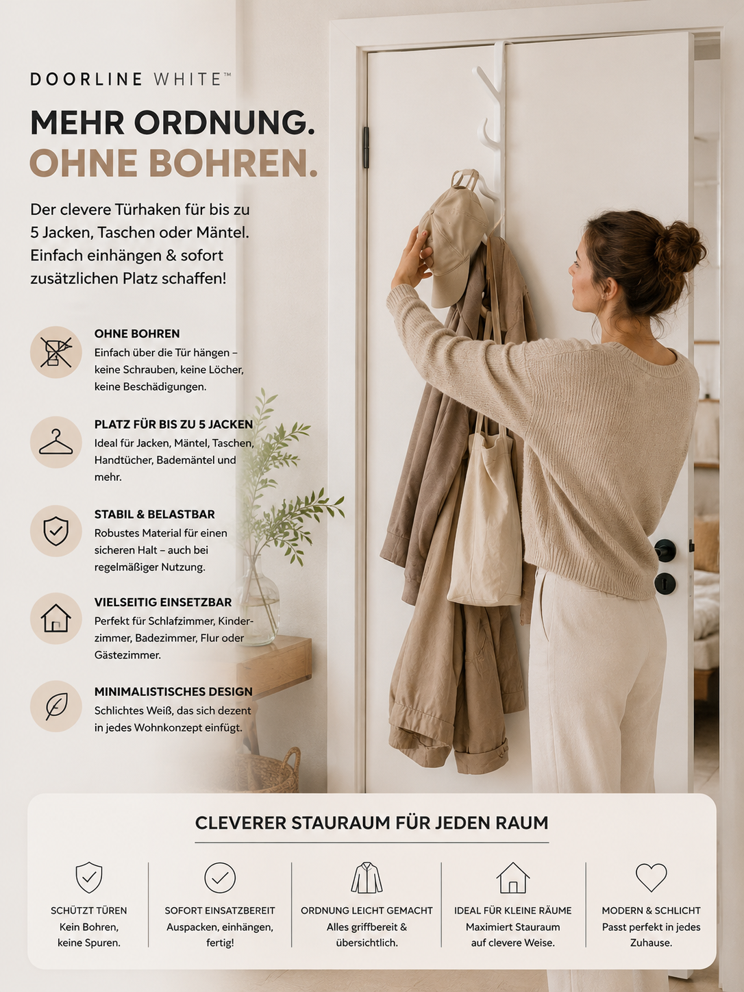 ASCEND 21 DoorLine White™ Türgarderobe – Türhaken ohne Bohren für bis zu 5 Jacken | Platzsparender Kleiderhaken für Tür | Garderobenleiste für Schlafzimmer, Bad, Kinderzimmer & Flur