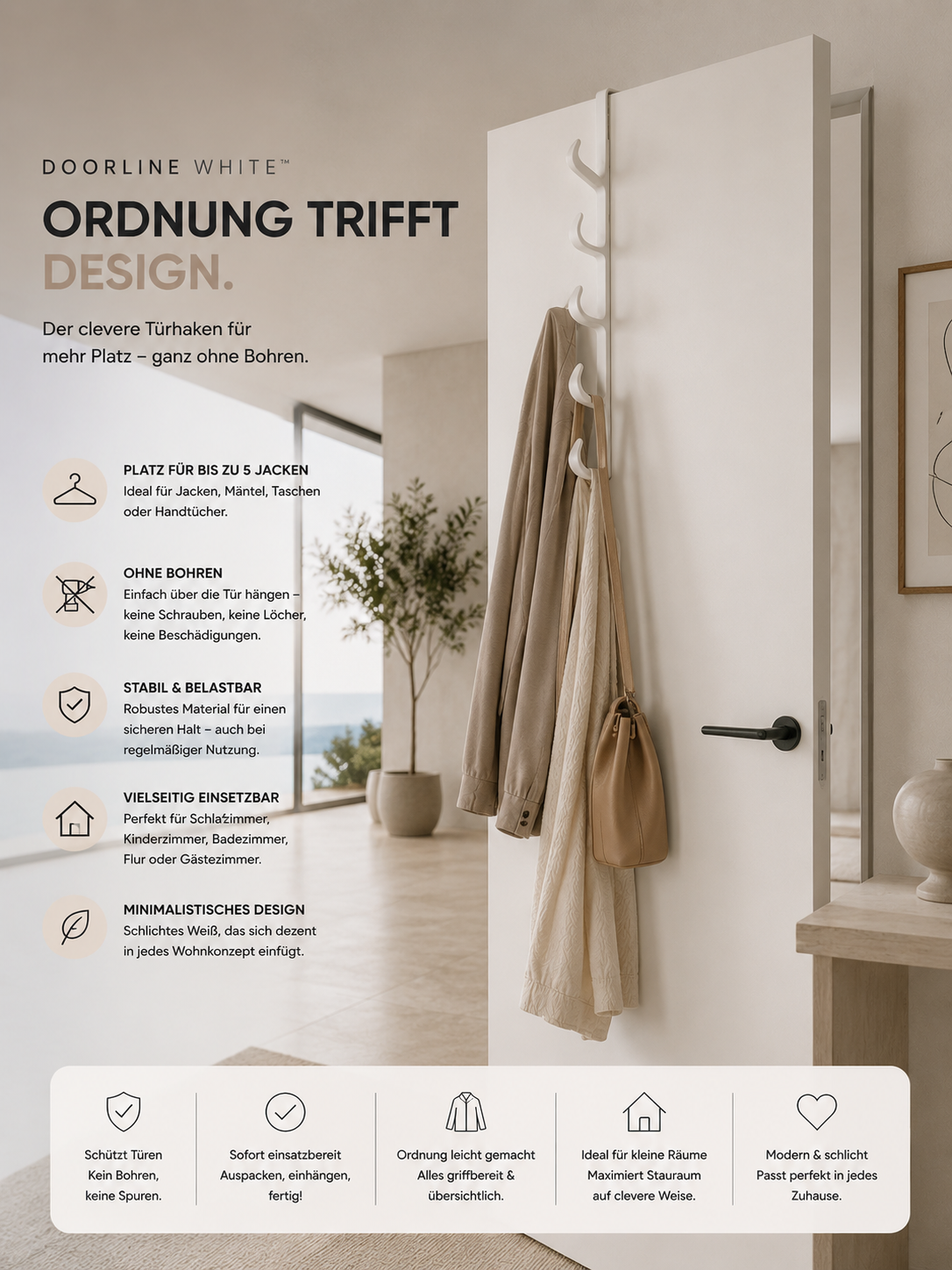 ASCEND 21 DoorLine White™ Türgarderobe – Türhaken ohne Bohren für bis zu 5 Jacken | Platzsparender Kleiderhaken für Tür | Garderobenleiste für Schlafzimmer, Bad, Kinderzimmer & Flur