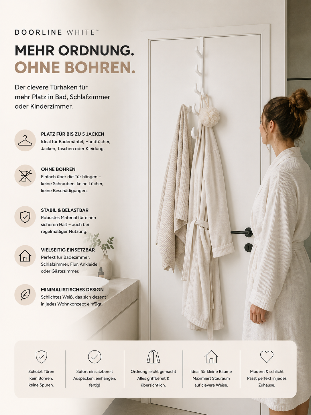 ASCEND 21 DoorLine White™ Türgarderobe – Türhaken ohne Bohren für bis zu 5 Jacken | Platzsparender Kleiderhaken für Tür | Garderobenleiste für Schlafzimmer, Bad, Kinderzimmer & Flur