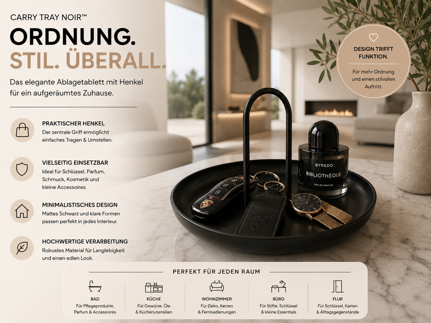 ASCEND 21 Carry Tray Noir™ Design Ablagetablett – Matt schwarzer Organizer mit Griff | Stilvolle Aufbewahrung für Bad, Küche, Büro & Wohnzimmer | Modernes Deko Tablett für Schmuck, Kosmetik & Accessoires