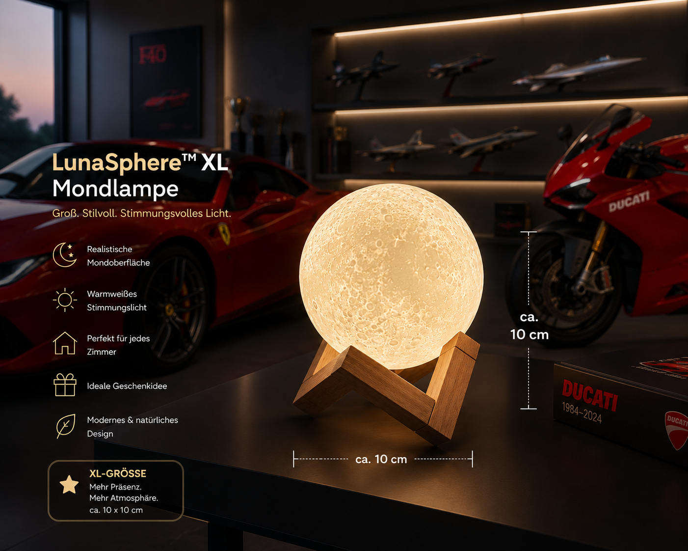 LunaSphere™ XL Mondlampe – Große Mondleuchte für Wohnzimmer, Schlafzimmer & Kinderzimmer | Stimmungsvolle Dekolampe mit realistischer Mondoberfläche