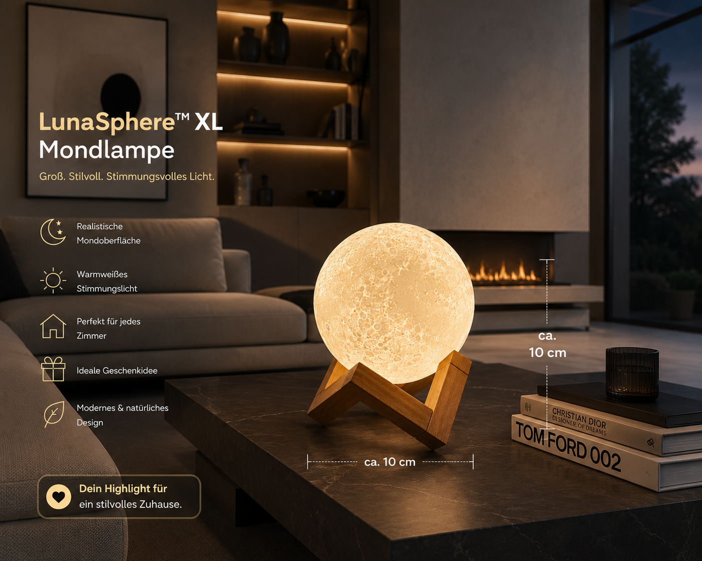 LunaSphere™ XL Mondlampe – Große Mondleuchte für Wohnzimmer, Schlafzimmer & Kinderzimmer | Stimmungsvolle Dekolampe mit realistischer Mondoberfläche