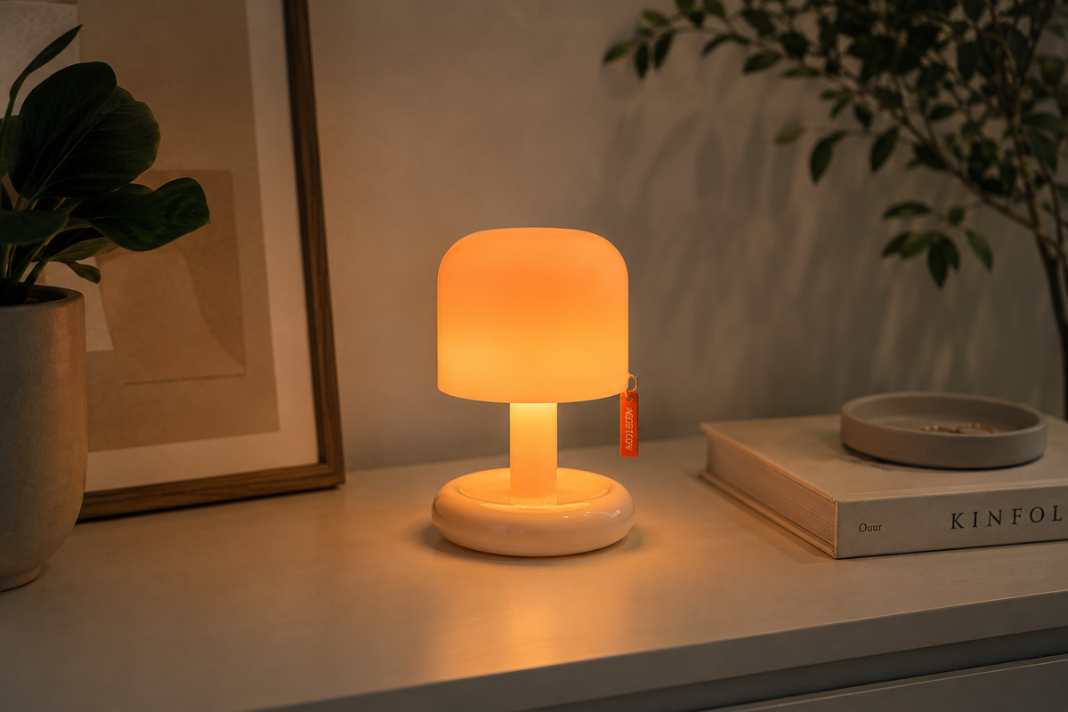 ASCEND 21 Happy Glow Mini LED Tischlampe Orange – Moderne Retro Pilzlampe für Schlafzimmer, Wohnzimmer & Fensterbank – Cozy Mood Light im Design Look