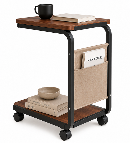 ASCEND 21 Nordic Roll – C-förmiger Beistelltisch mit Rollen & Seitentasche – Moderner Sofatisch aus Holz & Metall – Rollbarer Couchtisch für Sofa, Bett, Wohnzimmer & Schlafzimmer