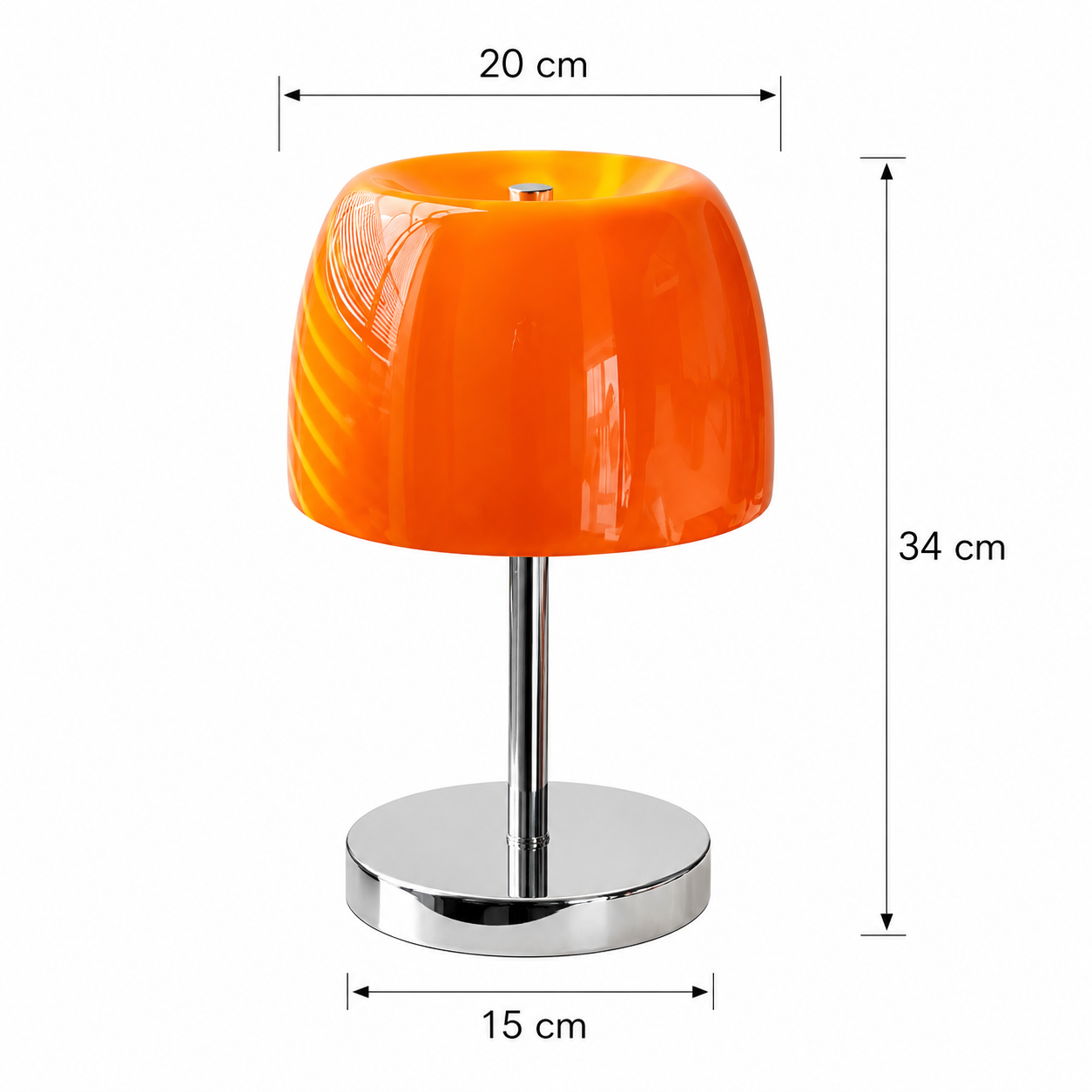 ASCEND 21 Amber Halo Tischlampe Orange – Designlampe aus Glas mit Kabel, Chromfuß, Retro Tischleuchte für Wohnzimmer, Schlafzimmer, Nachttisch, Sideboard & Büro