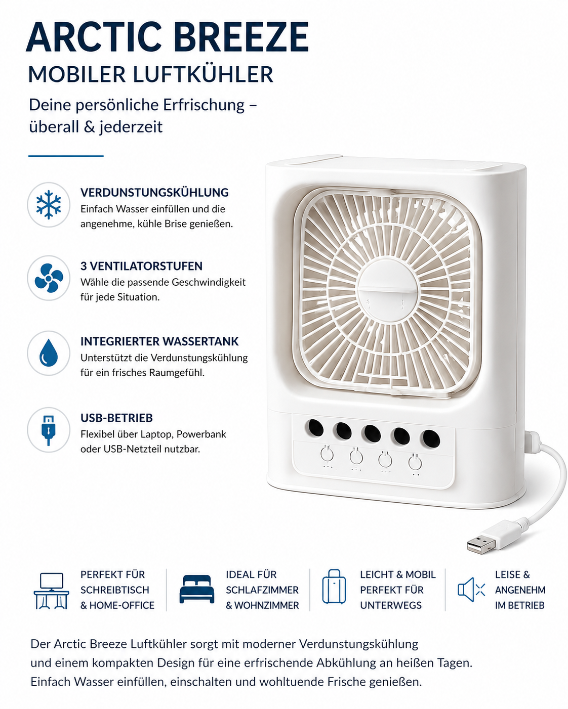 ASCEND 21 Arctic Breeze Mini Luftkühler – Mobiler USB Luftkühler mit Wassertank und Ventilator | Kompakter Tischventilator für Büro, Schlafzimmer & Zuhause