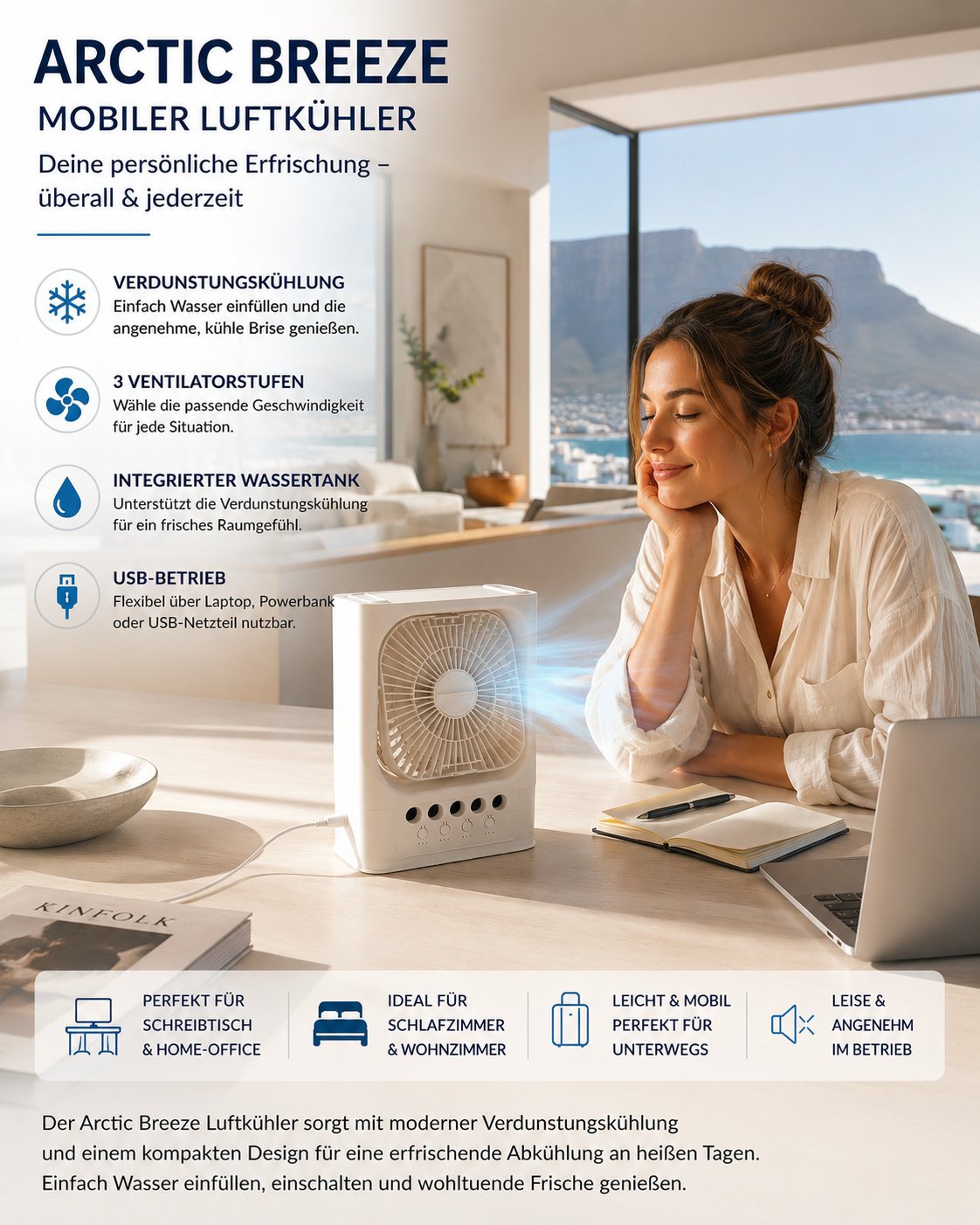 ASCEND 21 Arctic Breeze Mini Luftkühler – Mobiler USB Luftkühler mit Wassertank und Ventilator | Kompakter Tischventilator für Büro, Schlafzimmer & Zuhause