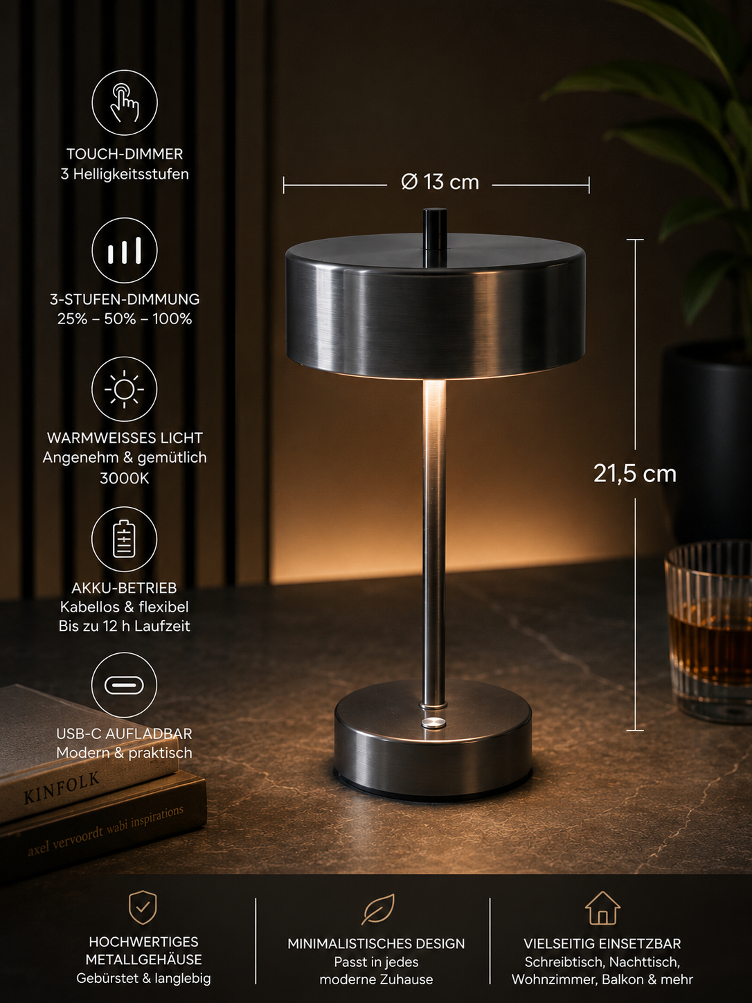 ASCEND21 Steel Dot™ LED Tischlampe aus Metall – Akku Tischleuchte mit Touch-Dimmer, Warmweißes Licht, USB-C Aufladbar, Kabellose Designlampe für Schreibtisch, Nachttisch, Balkon & Wohnzimmer